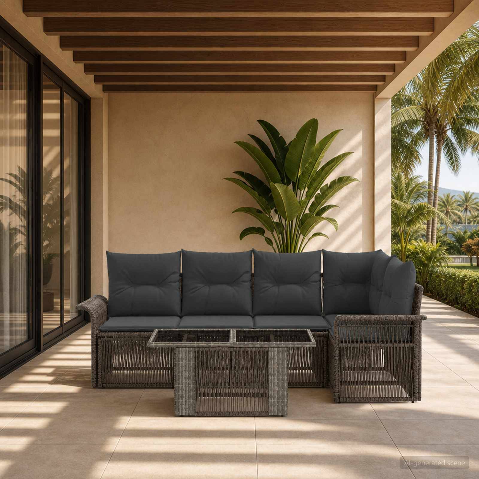 Überdachte Terrasse mit dunkelm Polyrattan-Außensofa, Glaskaffeetisch und tropischen Pflanzen neben einer Aussicht mit Palmenreihen.