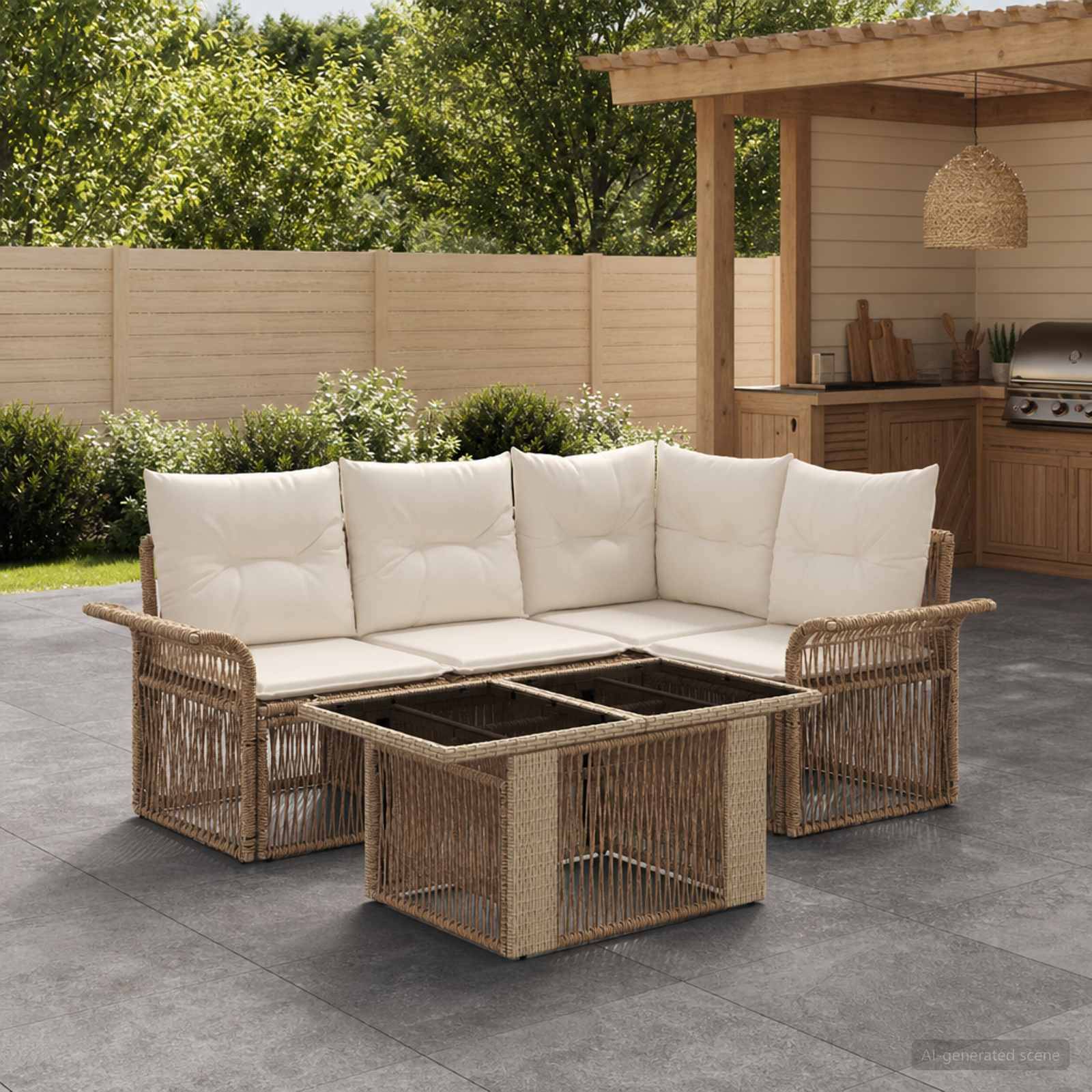 Outdoor-Rattansektionalsofa mit weißen Kissen und passendem quadratischen Couchtisch auf einer Terrasse, neben einer Holzkabine und einem Grill.