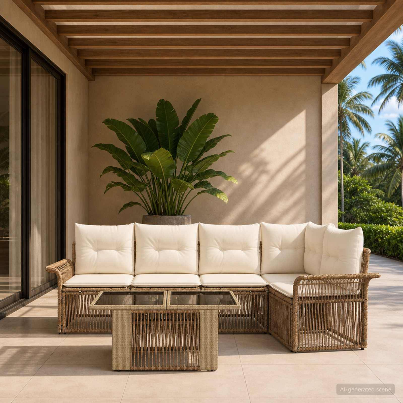 Korbmöbel-Terrassensessel mit weißen Polstern und Glastisch mit Glasplatte auf einer überdachten Terrasse, mit großer tropischer Pflanze und Palmen dahinter.