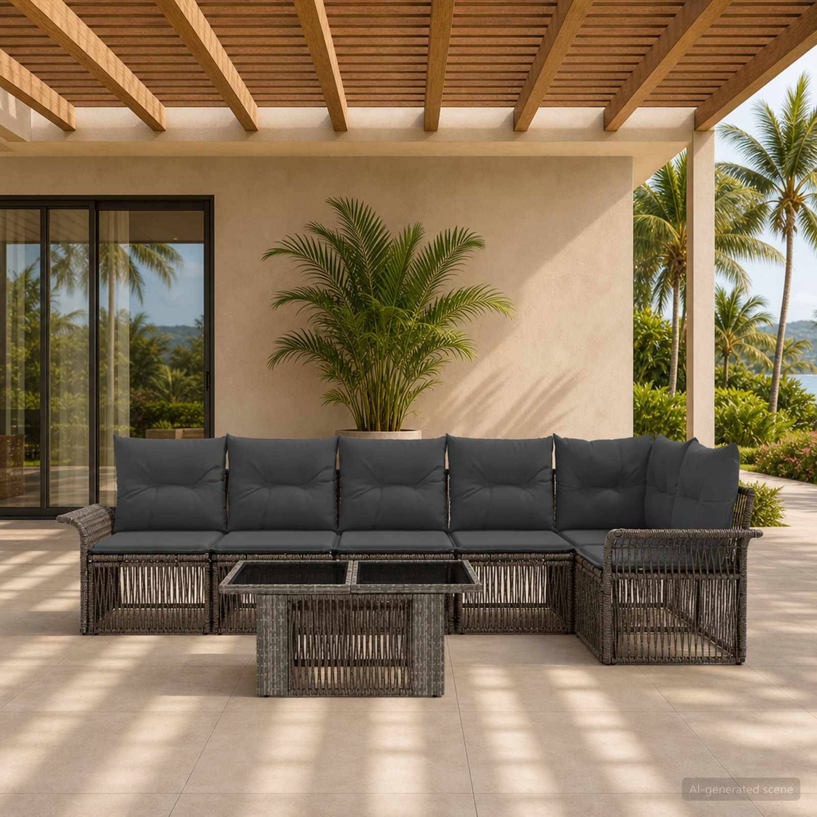 Outdoor-Terrasse mit dunklem Rattan-Ecksofa und Couchtisch unter einem Lamellendach, gerahmt von tropischen Palmen.