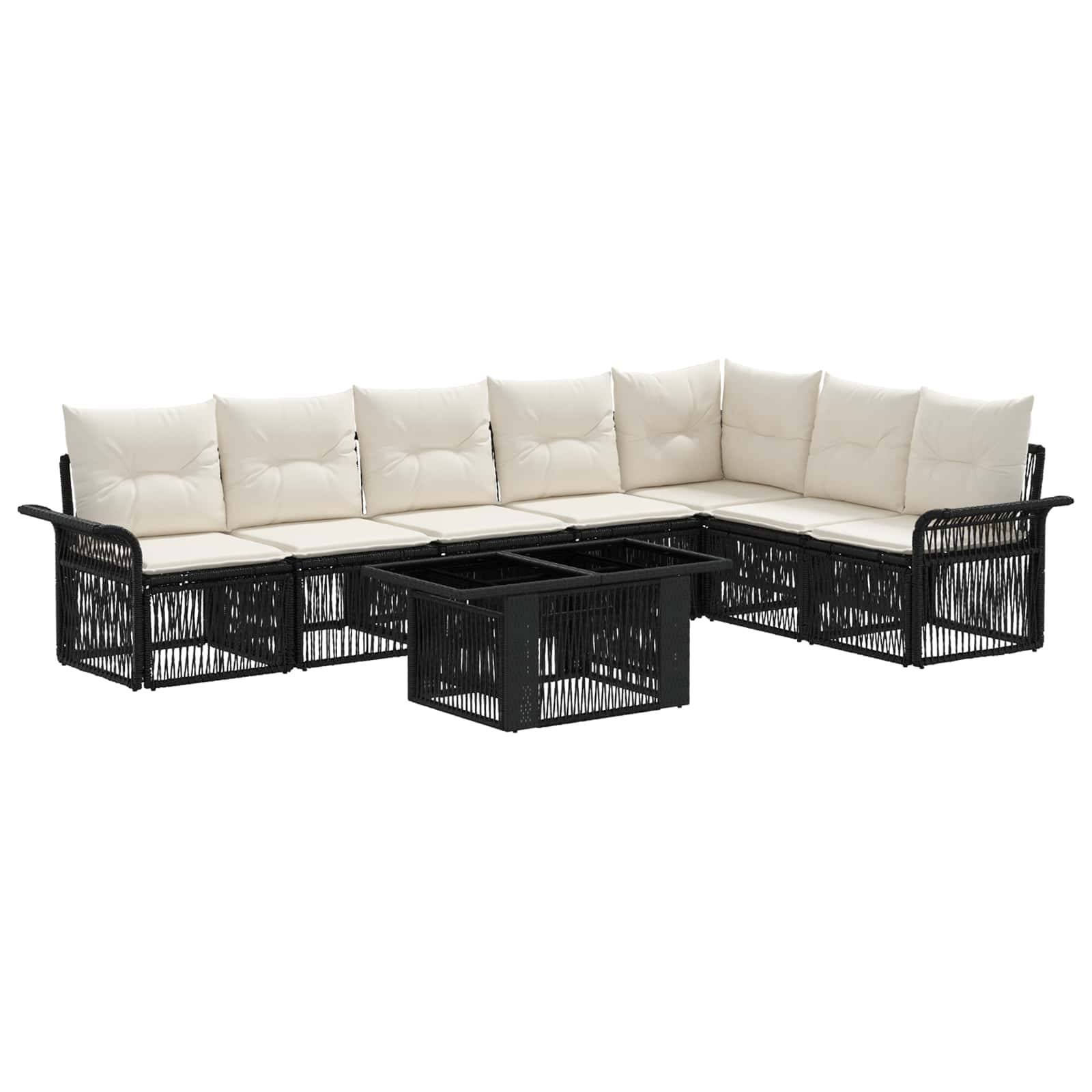 Schwarzes Rattan-Outdoor-Ecksofa mit cremefarbenen Kissen und passendem quadratischem Couchtisch, gezeigt auf weißem Hintergrund.