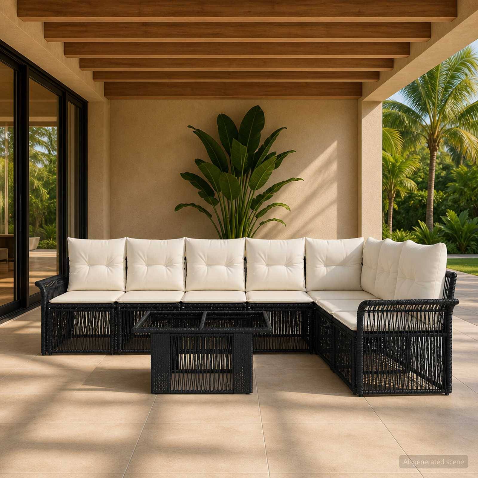 Außenpatio mit schwarzem Rattansektionalsofa und cremefarbenen Kissen unter einer Holzbalkendecke, gerahmt von Glastüren und tropischen Pflanzen.