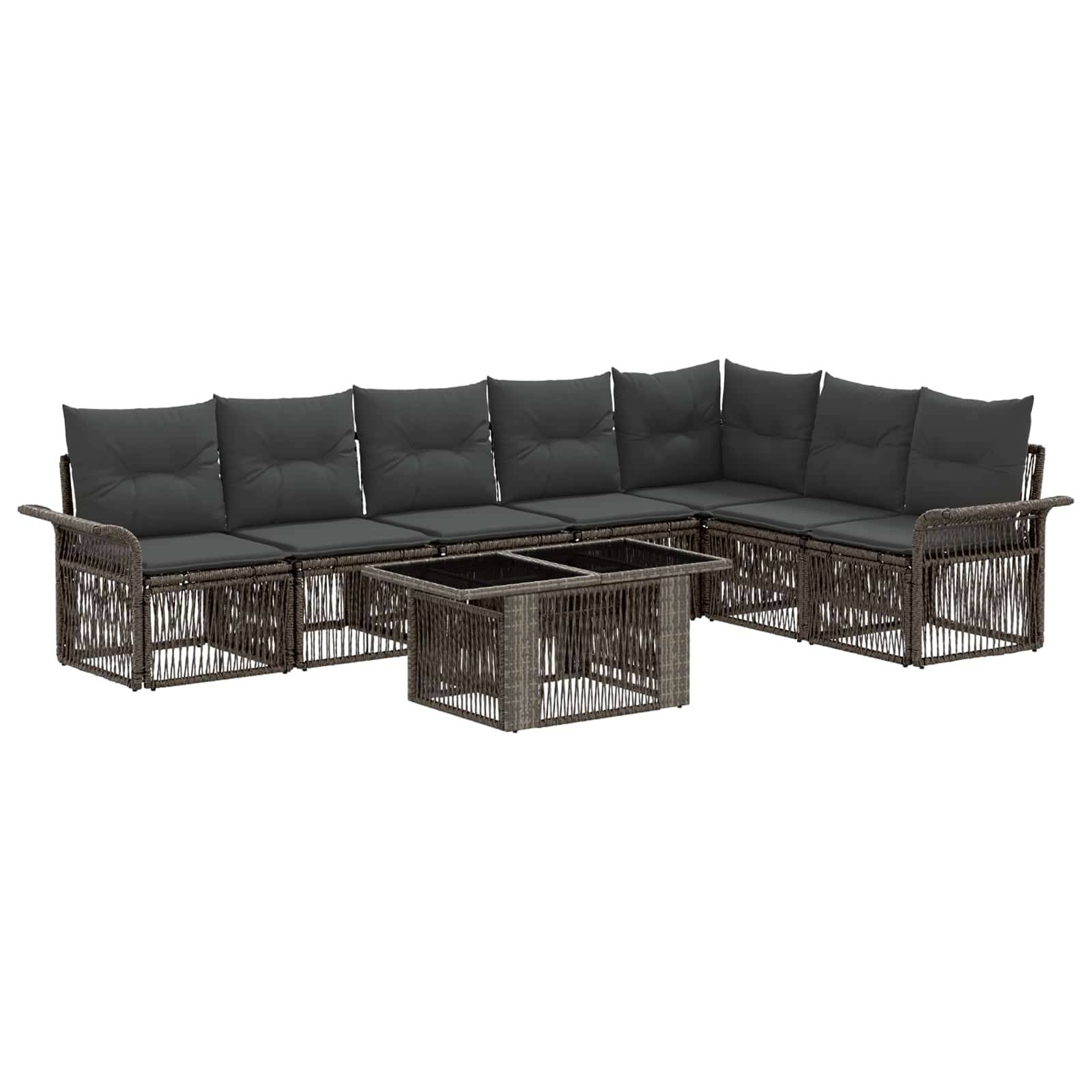 Dunkles Rattan-L-förmiges Outdoor-Ecksofa mit grauen Kissen und einem passenden quadratischen Couchtisch auf weißem Hintergrund.