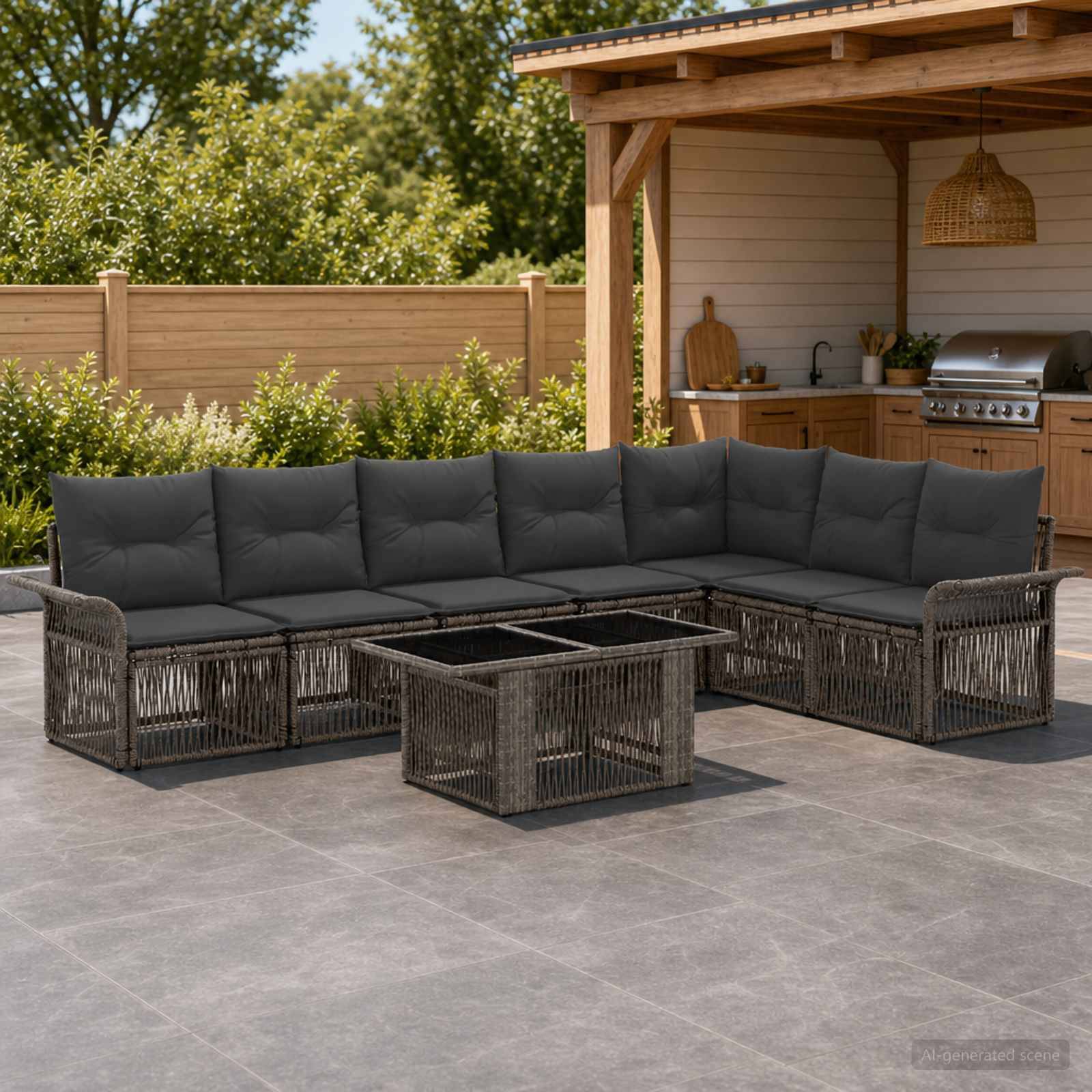 Terrasse im Freien mit dunklem Rattanecksofa in L-Form und Glastisch-Couchtisch neben einer überdachten Außenküche.