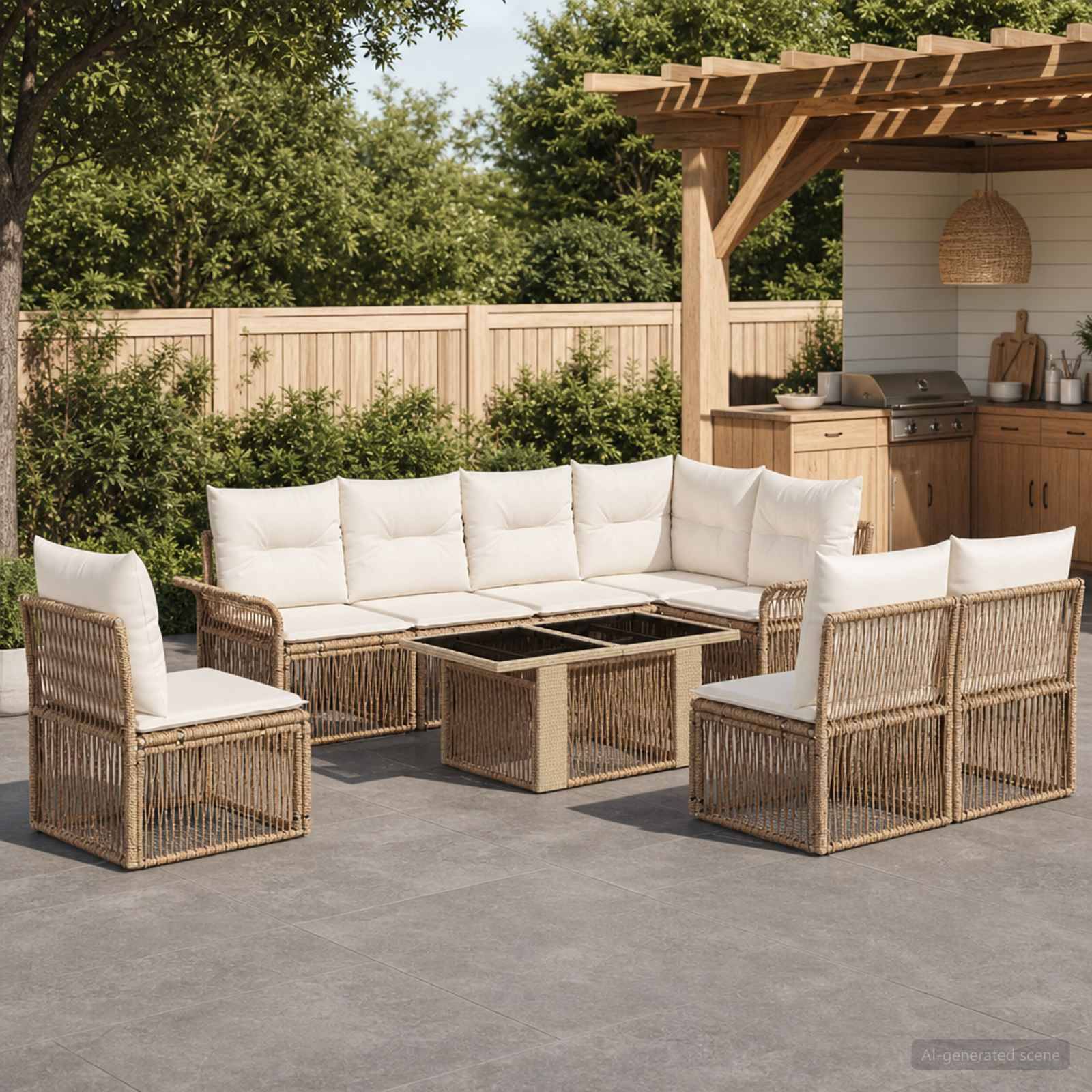Outdoor-Terrassenmöbel-Set mit Polyrattan-Eckgarnitur, zwei Stühlen und Glastisch-Couchtisch unter einer Pergola neben einer Außenküche.