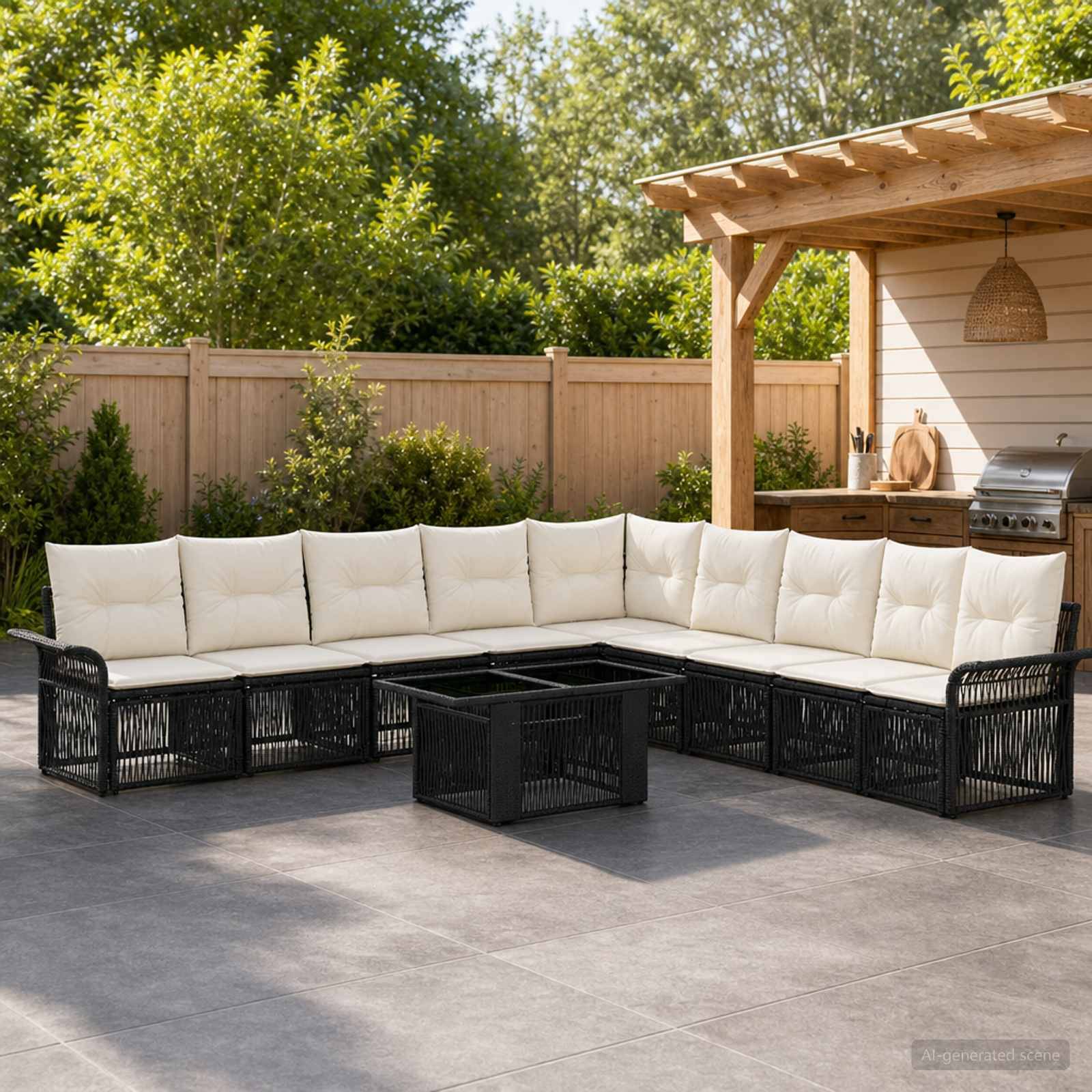 Außenbereich mit Sitzgruppe aus schwarzem Rattan-Ecksofa und weißen Kissen, angeordnet um einen quadratischen Couchtisch, neben einem abgedeckten Grill und einem Holzzaun.