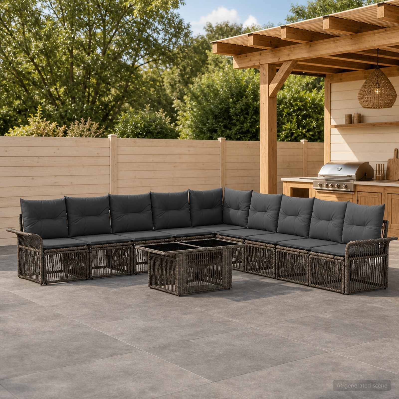 Terrassenpatio mit einem L-förmigen Rattansektional und Couchtisch unter einer Holzpergola, neben einer Außenküche und einem Zaun.