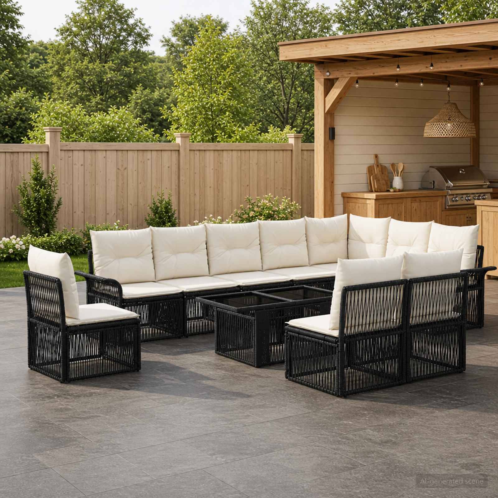 Outdoor-Sitzmöbel-Set mit schwarzen Rattanstühlen und cremefarbenen Kissen, die um einen Glaskaffeetisch neben einer Hinterhofer-Gartenküche mit Pavillon angeordnet sind.