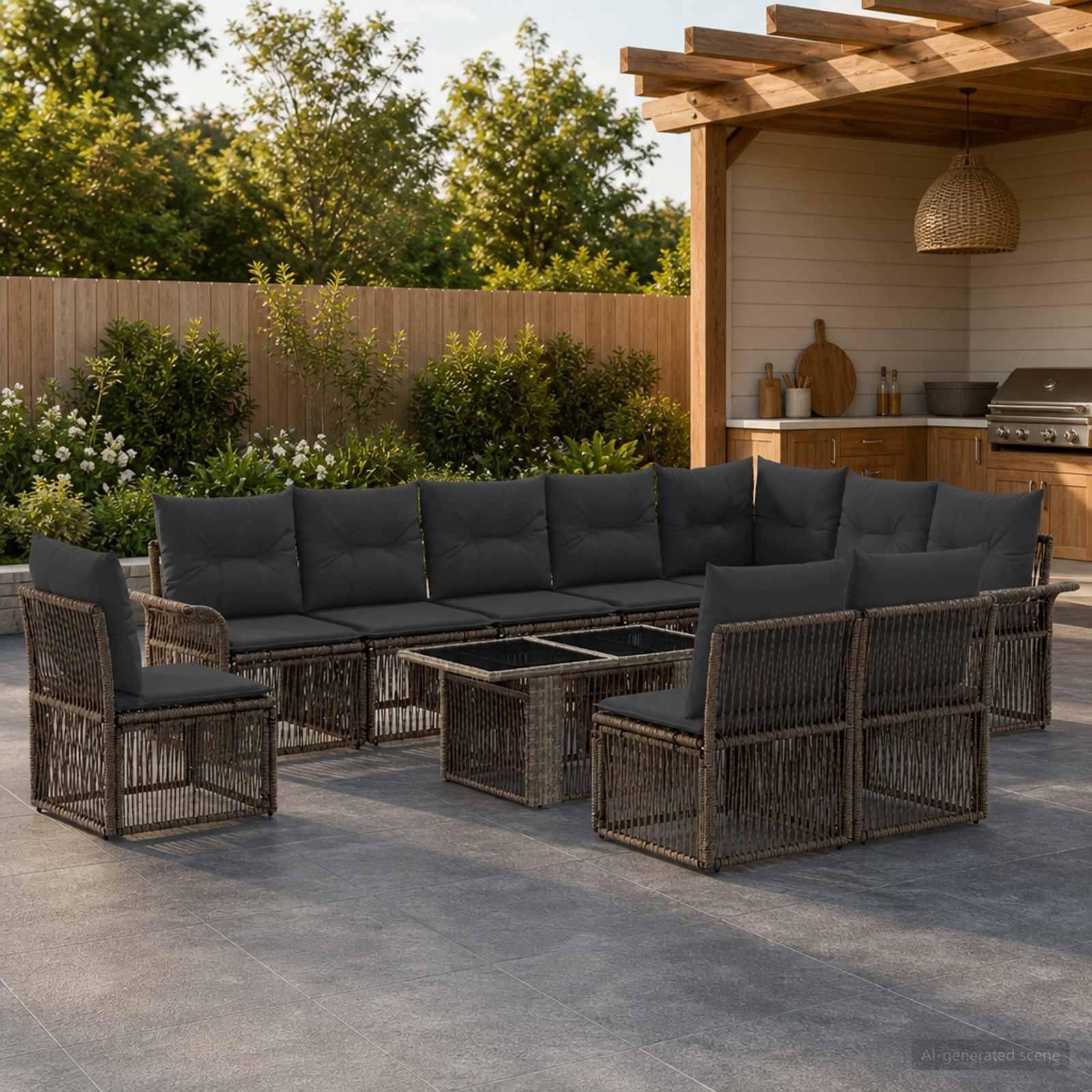 Outdoor-Terrassenmöbel mit dunklem Polyrattan-Ecksofa, passenden Stühlen und Glastisch neben einer Hinterhof-Pergola und einem Grill.