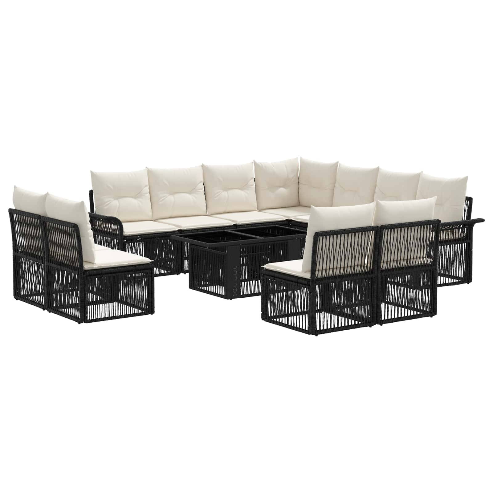 Schwarzes Polyrattan-Außensektional-Sitzmöbel-Set mit cremefarbenen Kissen und passendem Couchtisch