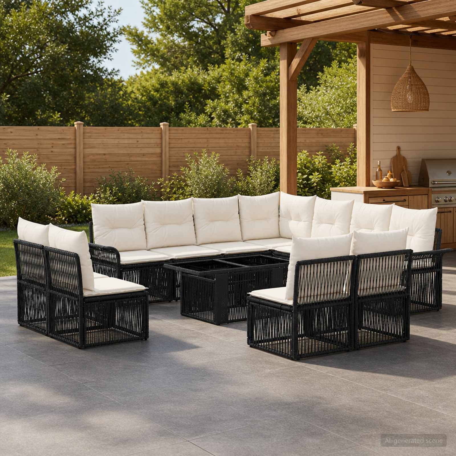 Outdoor-Patio-Sitzmöbel-Set mit schwarzen Rattan-Ecksofa, weißen Kissen und passendem quadratischem Couchtisch unter einer Holzpergola.