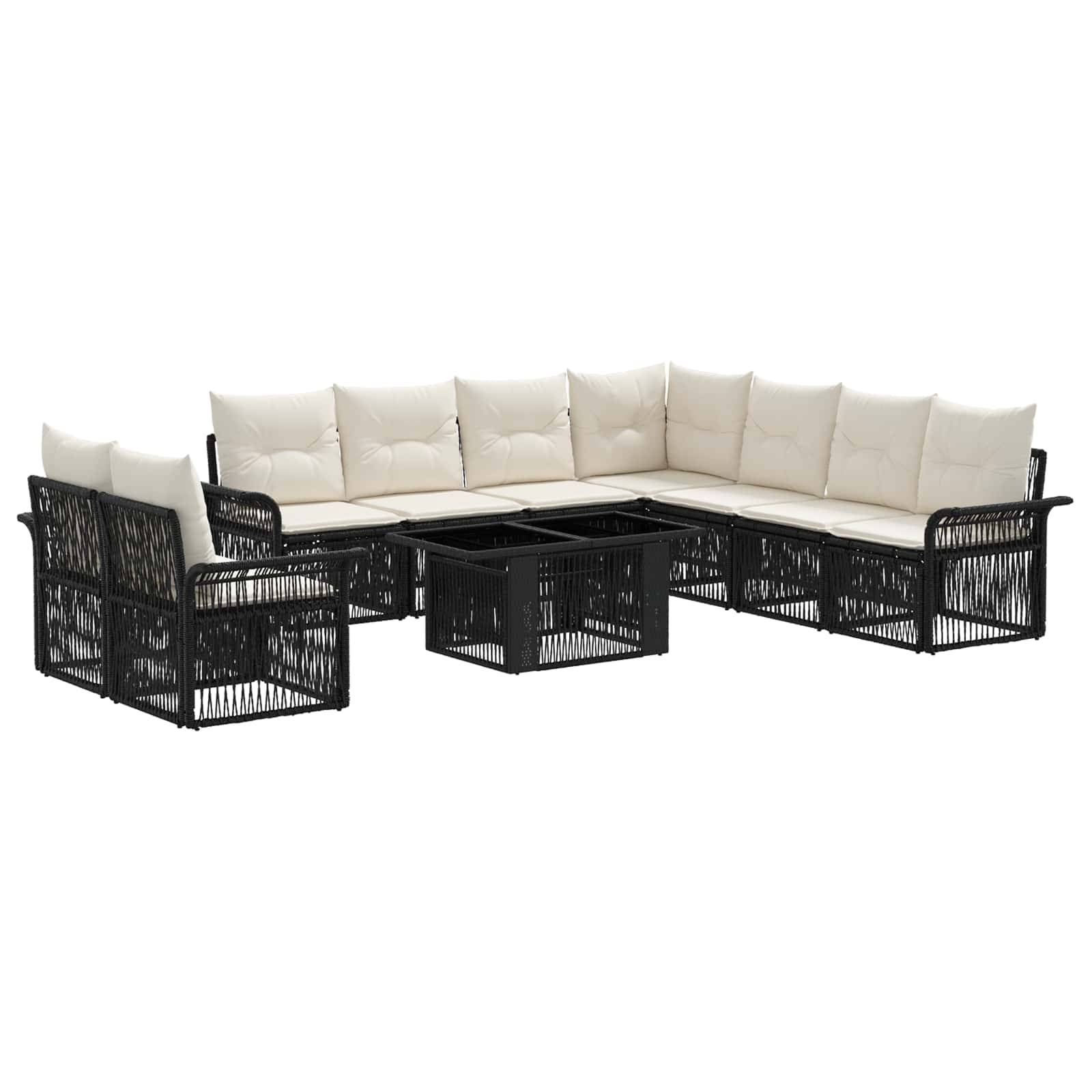 Gartenmöbel-Set mit Ecksofa und Couchtisch mit schwarzem geflochtenem Rahmen, cremeweißen Polstern und passendem Ecktisch und Couchtisch auf weißem Hintergrund