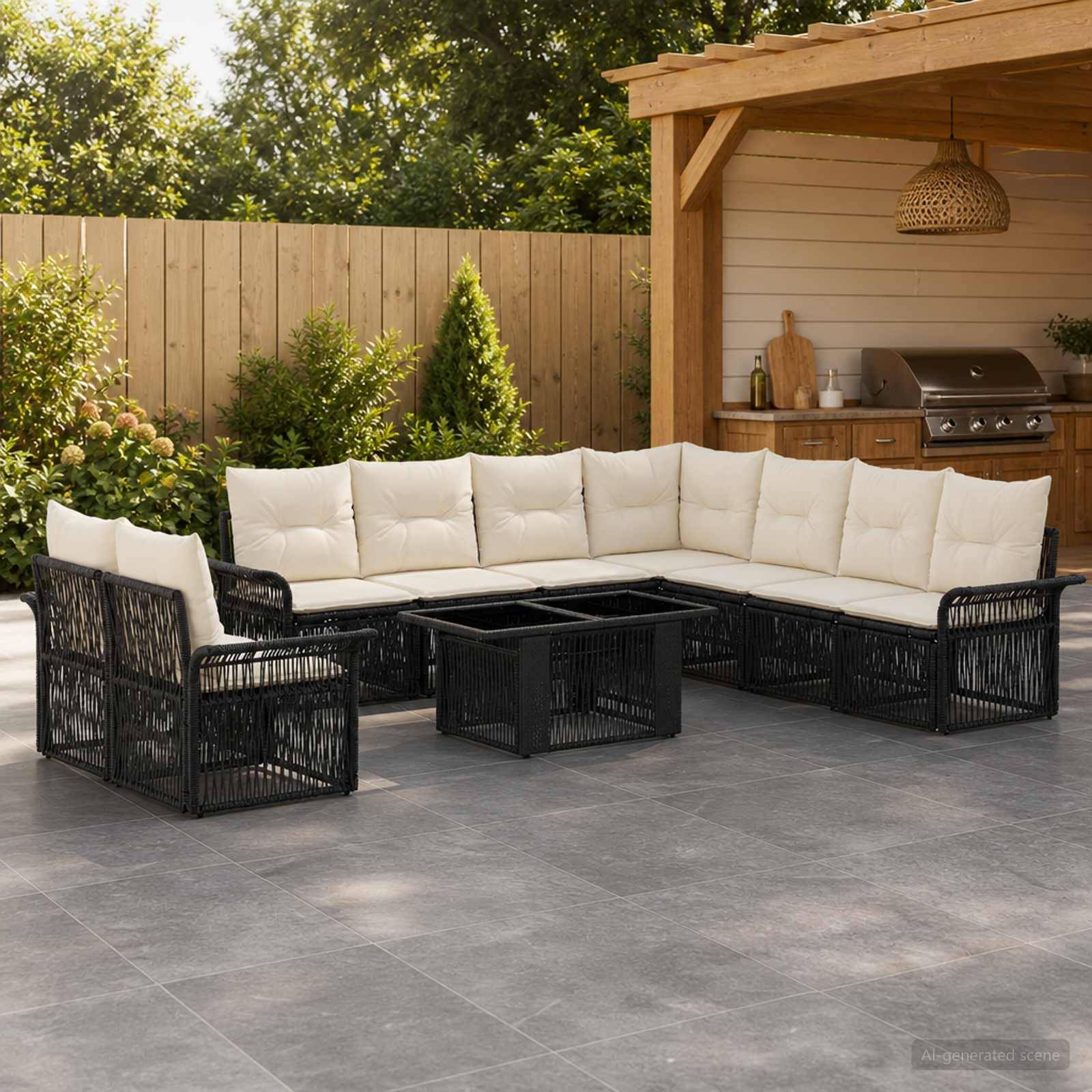 Outdoor-Terrassenbereich mit schwarzen Rattansessel-Sofas und weißen Kissen rund um einen quadratischen Couchtisch neben einer Grillstation im Hinterhof.