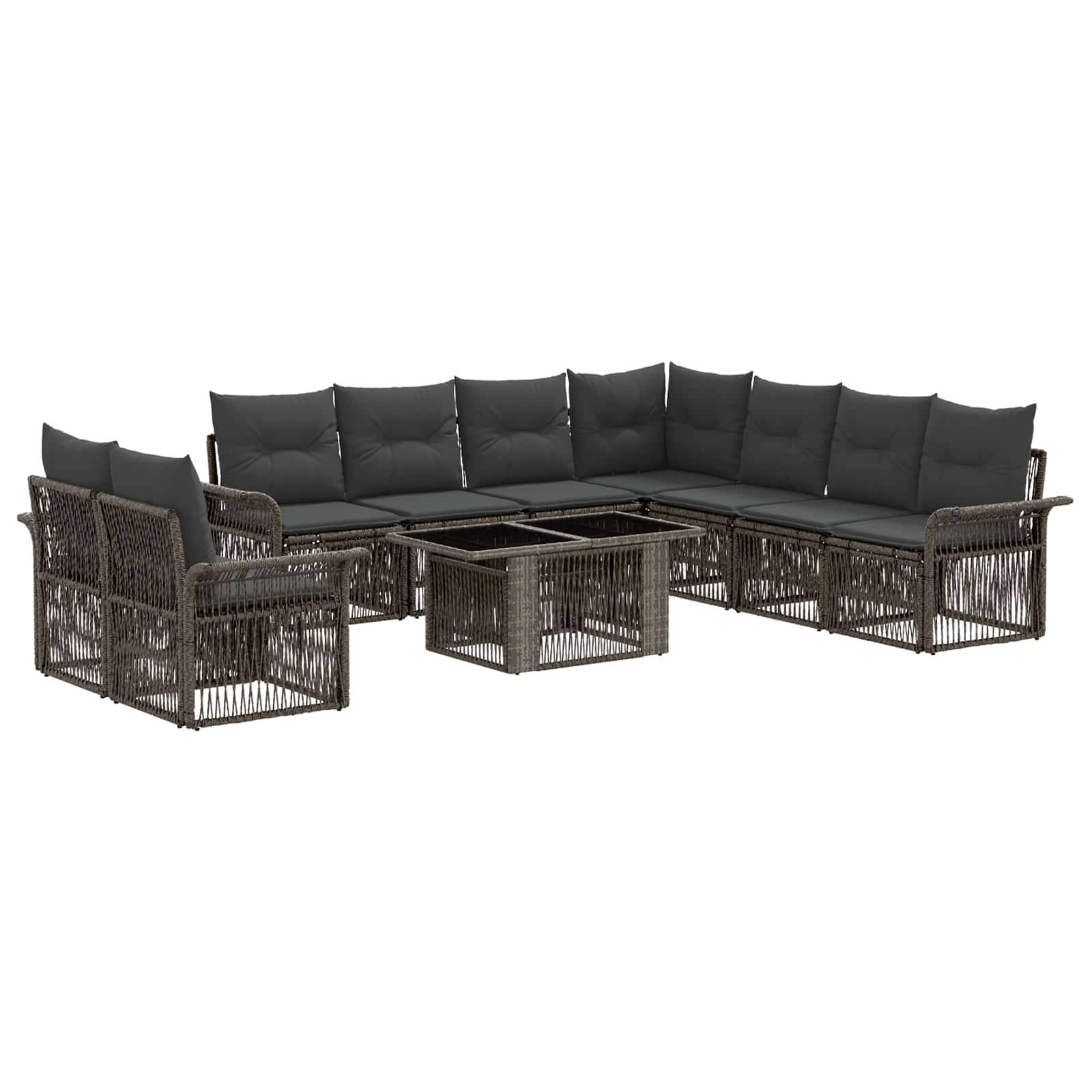 Outdoor-Modulsofa-Set mit dunklen Sitzkissen, geflochtenen Rattanrahmen und passendem quadratischem Couchtisch auf weißem Hintergrund.