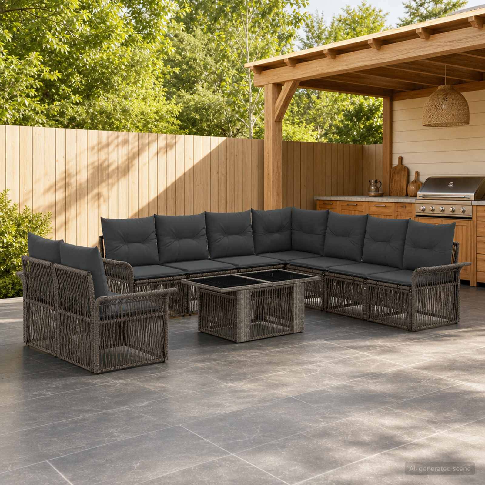 Outdoor-Terrasse mit dunkler Rattan-Eckgarnitur um zwei quadratische Couchtische herum, neben einer Holzlaube und einem Grillbereich.