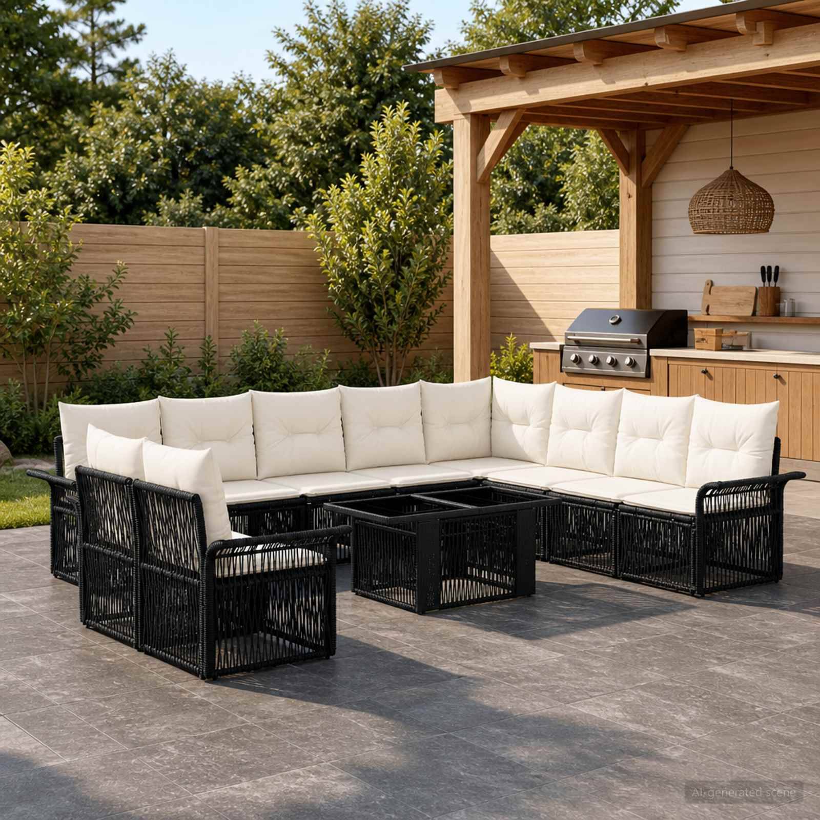 Außenterrasse mit schwarzem Korb-Ecksofa und cremefarbenen Kissen um einen quadratischen Couchtisch neben einem überdachten Grillbereich und Holzzaun.