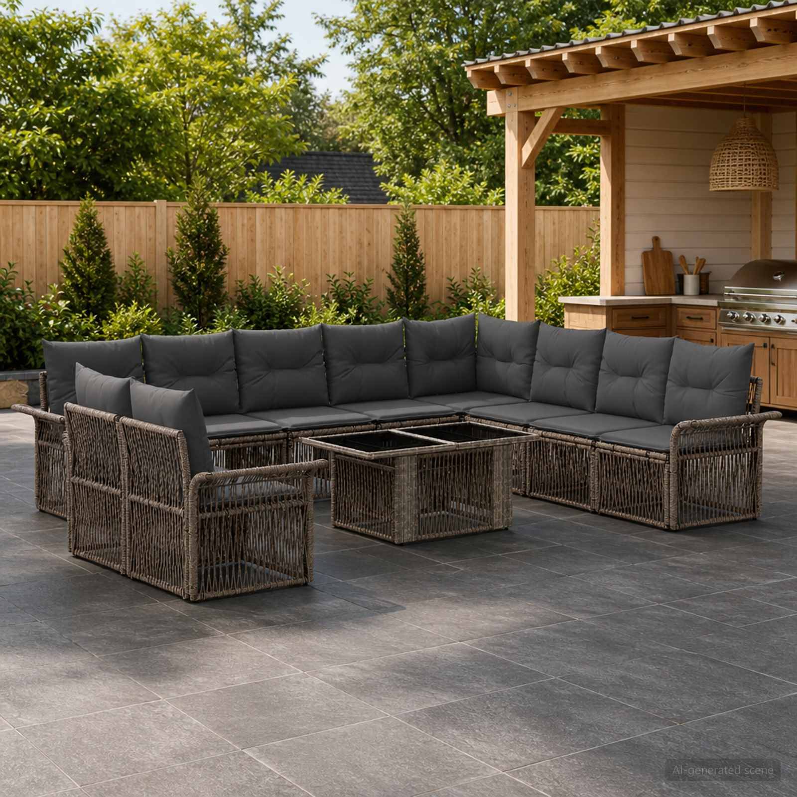 Außenpatio mit großem Rattan-Ecksofa, Couchtischen und einer pergolabedachten Grillbereich in einem eingezäunten Hinterhof.