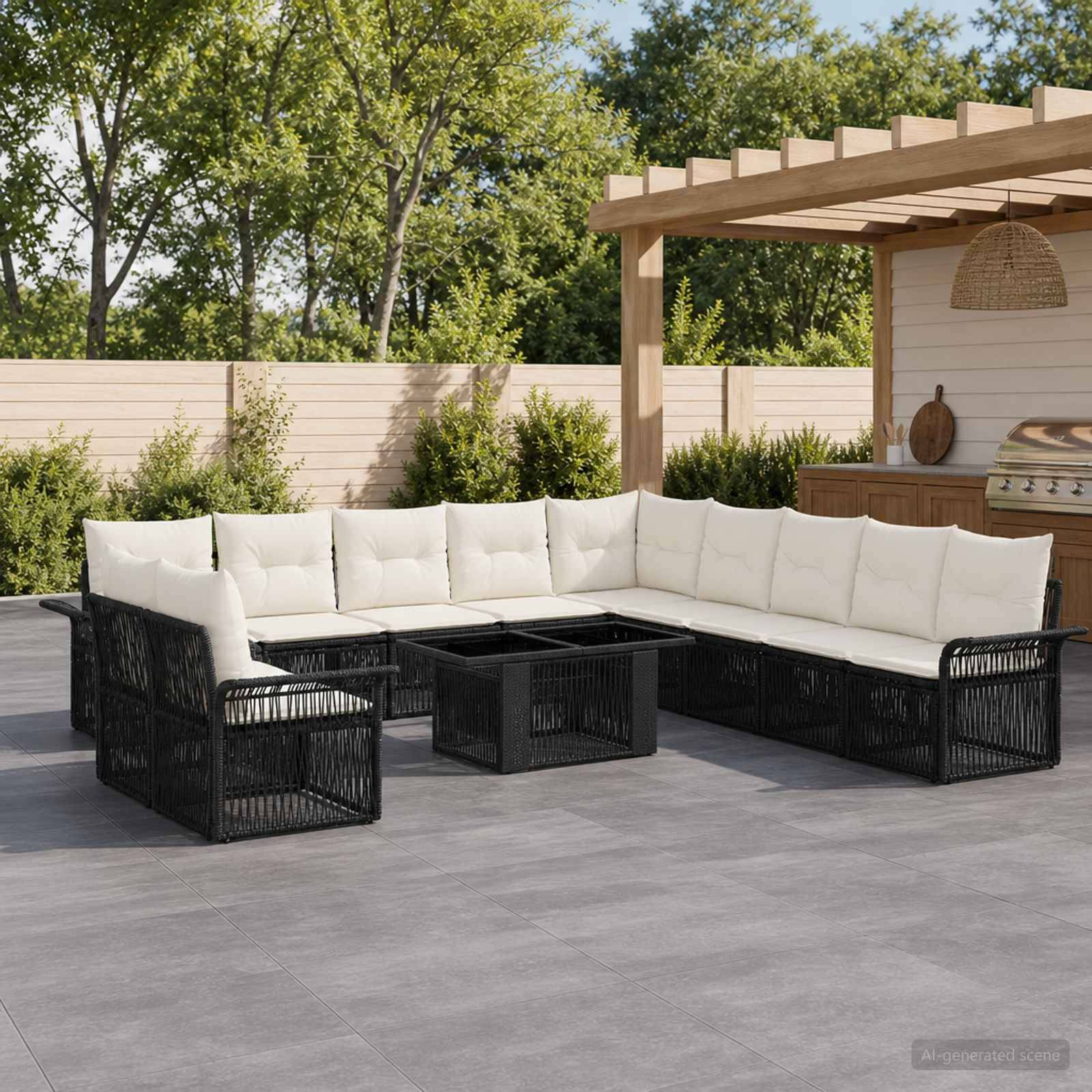 Outdoor-Terrassenmöbel-Set mit schwarzem Rattansofa und weißen Kissen um einen quadratischen Couchtisch neben einer Pergola und Bar-Bereich.