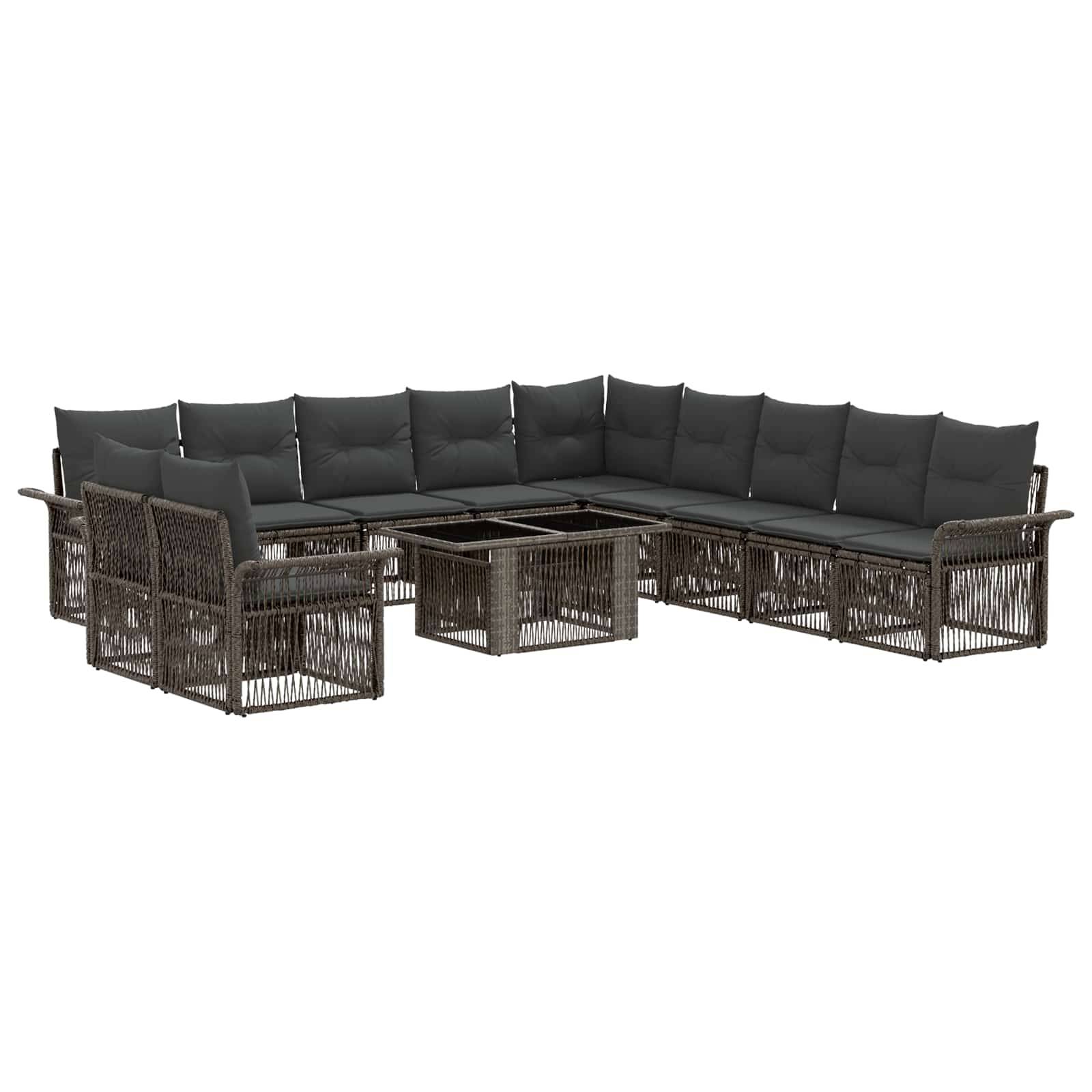 U-förmiges Outdoor-Sitzelement aus Terrassensessel-Set mit grauen Kissen und geflochtenem Rattan-Rahmen, einschließlich passendem Couchtisch.