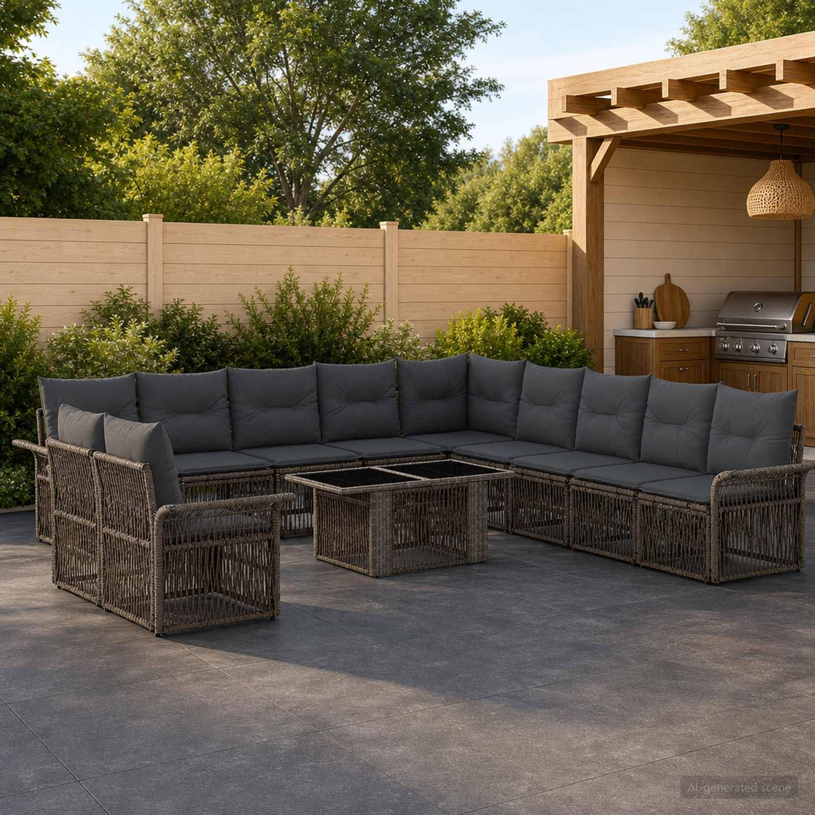 Outdoor-Terasse mit großem U-förmigen Korb-Ecksofa und zentralem Tisch neben einer Gartenküche und einem Grill, vor einem Holzzaun und Bäumen.