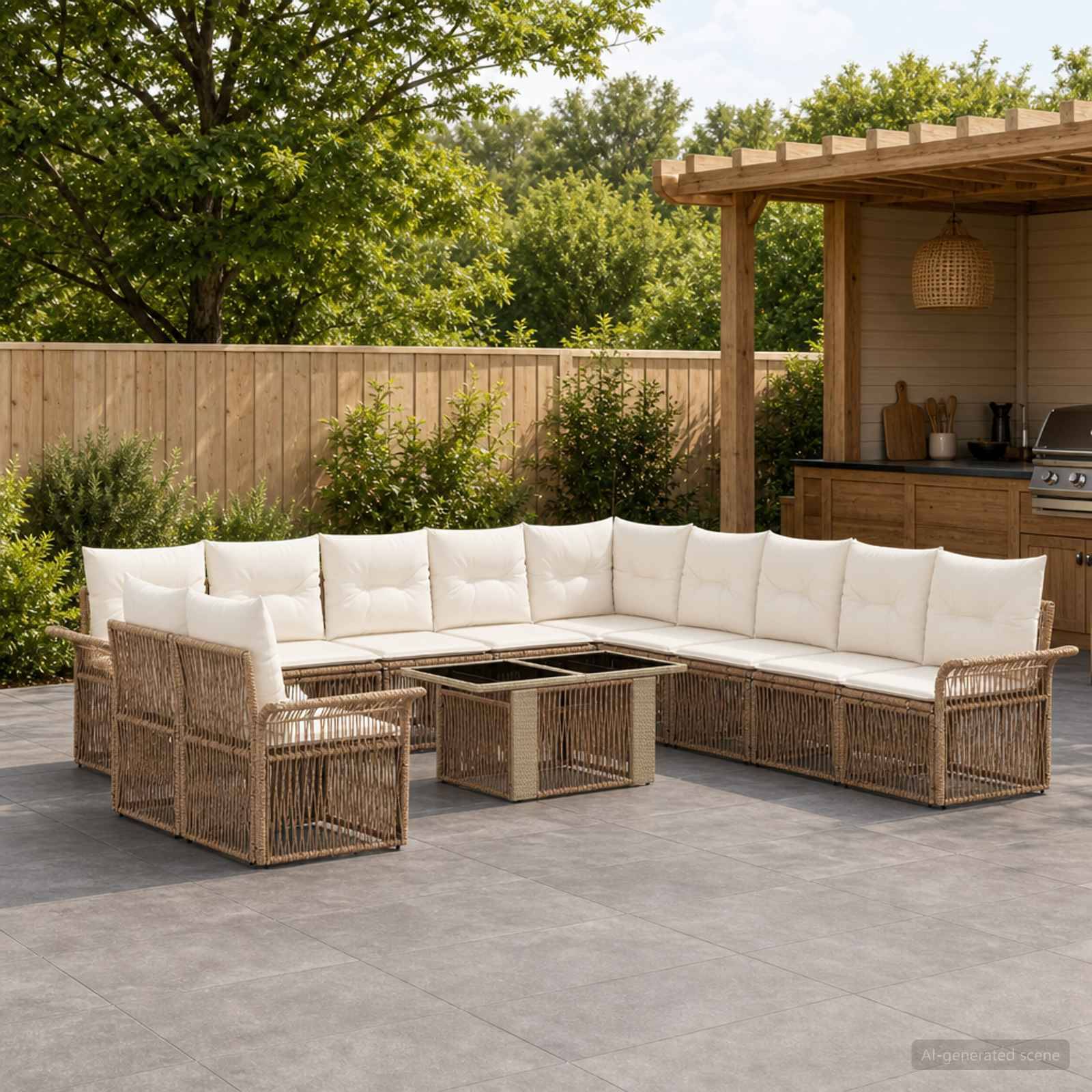 Outdoor-Terrasse mit einem L-förmigen Korbsektional und weißen Kissen um einen zentralen Feuertisch, neben einem Holz-Pergola-Küchenbereich.