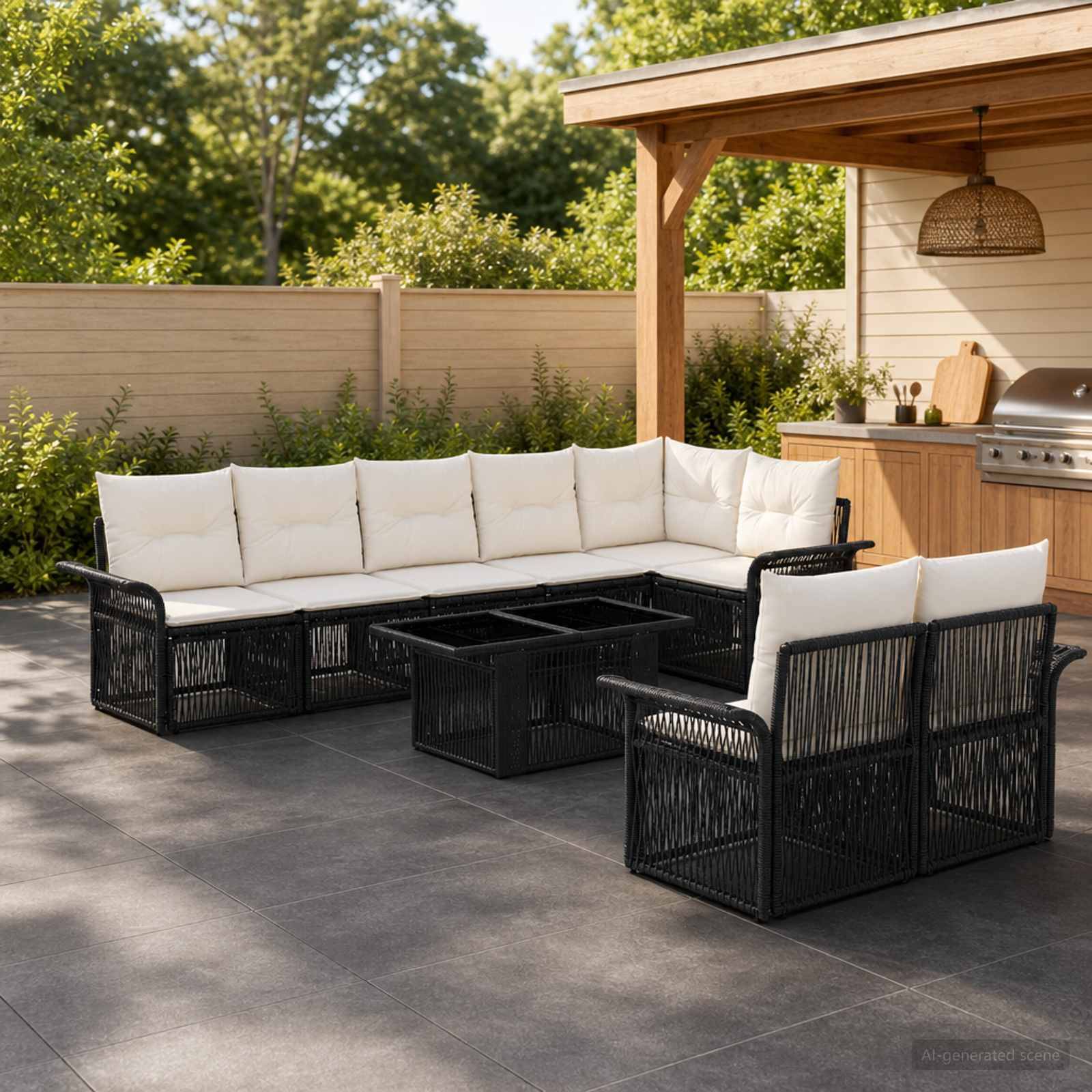 Außenbereich der Terrasse mit schwarzem Rattan-Ecksofa, passenden Stühlen und Couchtisch auf einer gepflasterten Terrasse neben einer Grillstation.
