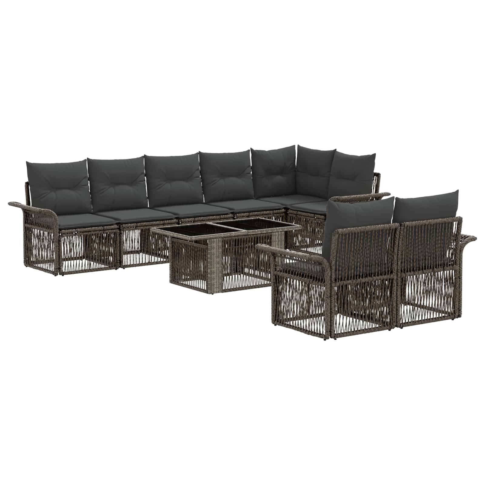 Outdoor-Loungemöbel-Set mit dunkelgeflochtenem Rattanrahmen, Anthrazit-Kissen und zwei Glastische auf weißem Hintergrund