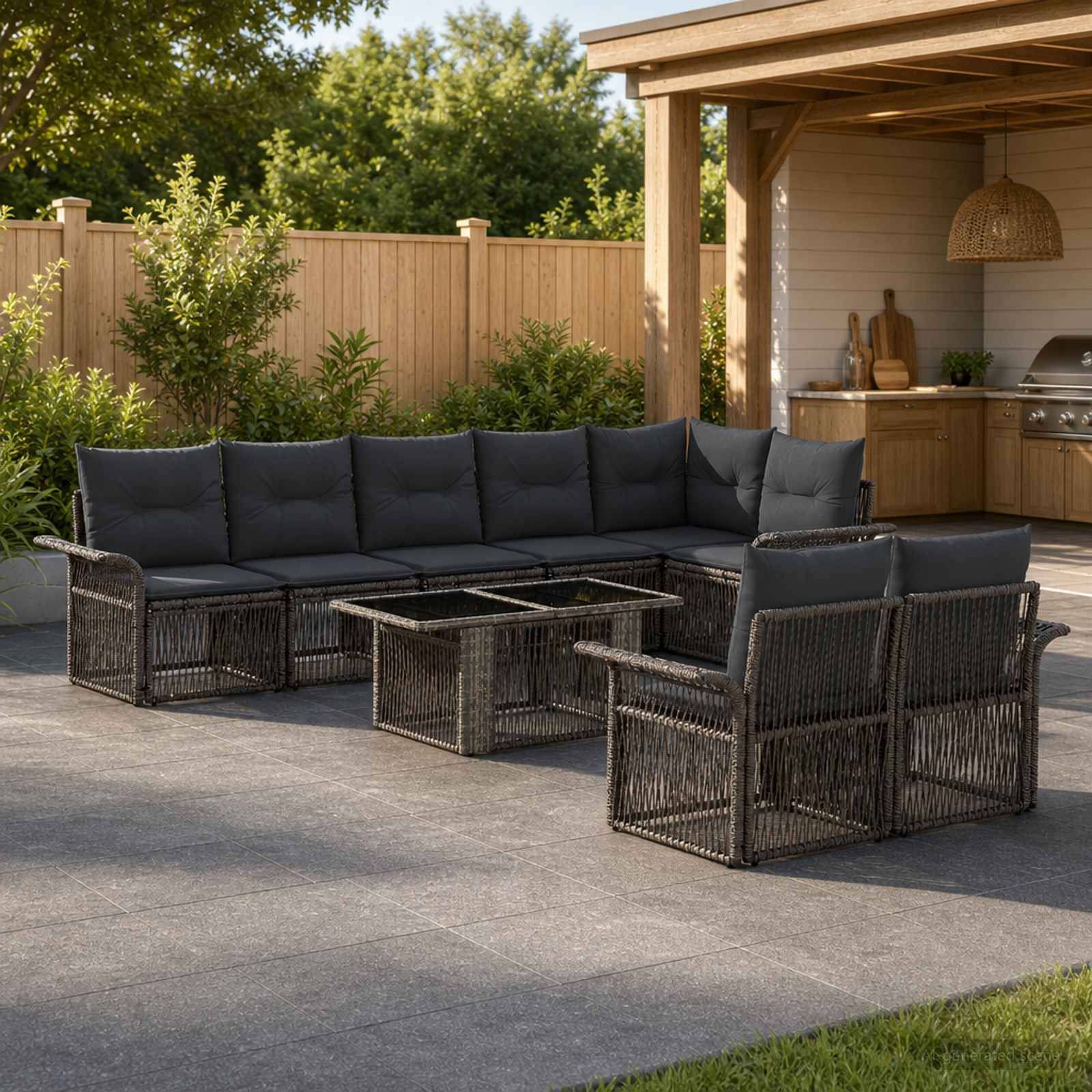 Überdachter Terrassenbereich mit dunkelm Rattan-Ecksofa, zwei Stühlen und Glaskaffeetischen neben einem überdachten Grill und einer Bar