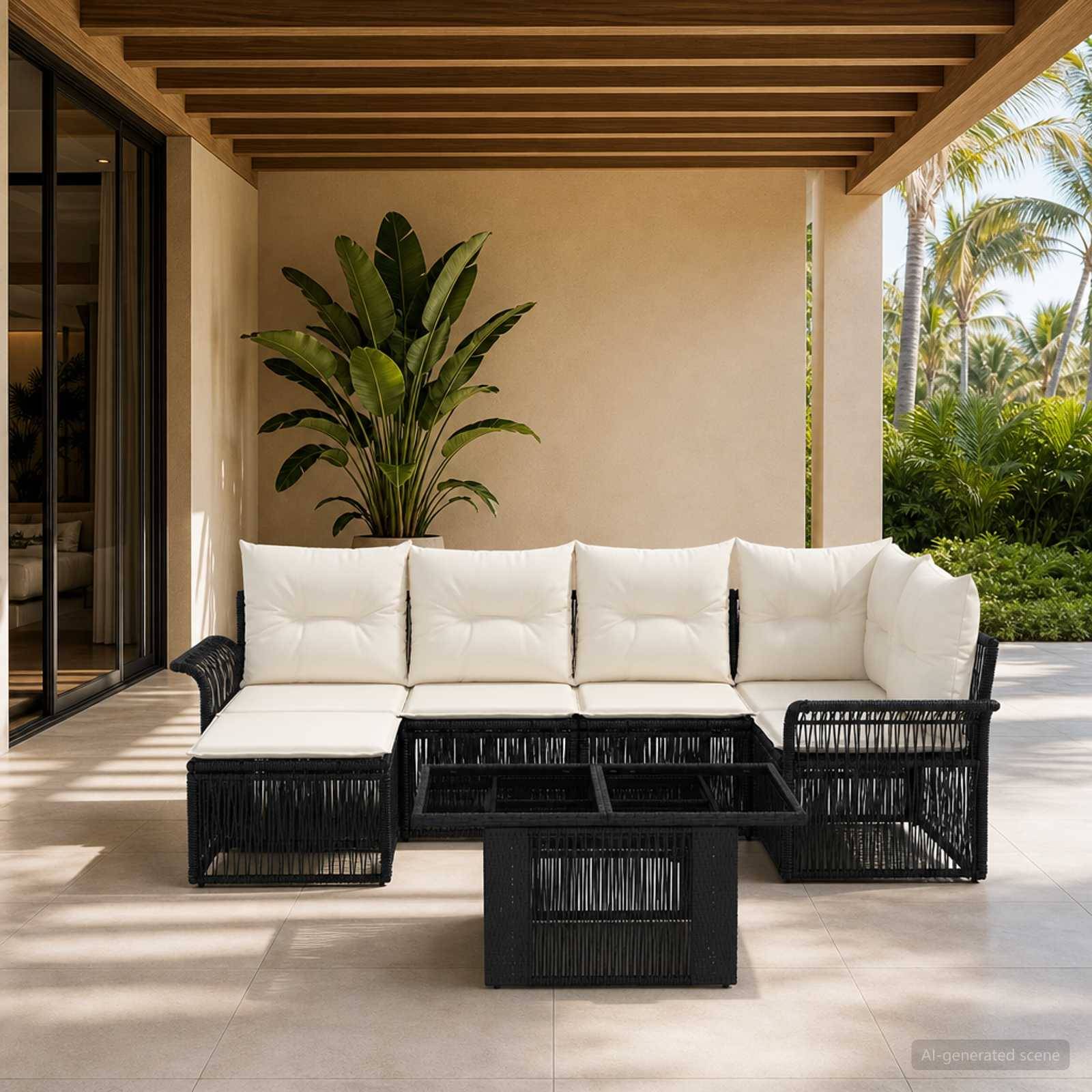 Überdachter Terrassenbereich mit einer schwarzen Rattan-Eckgarnitur und weißen Polstern unter einer überdachten Pergola, neben tropischen Pflanzen.