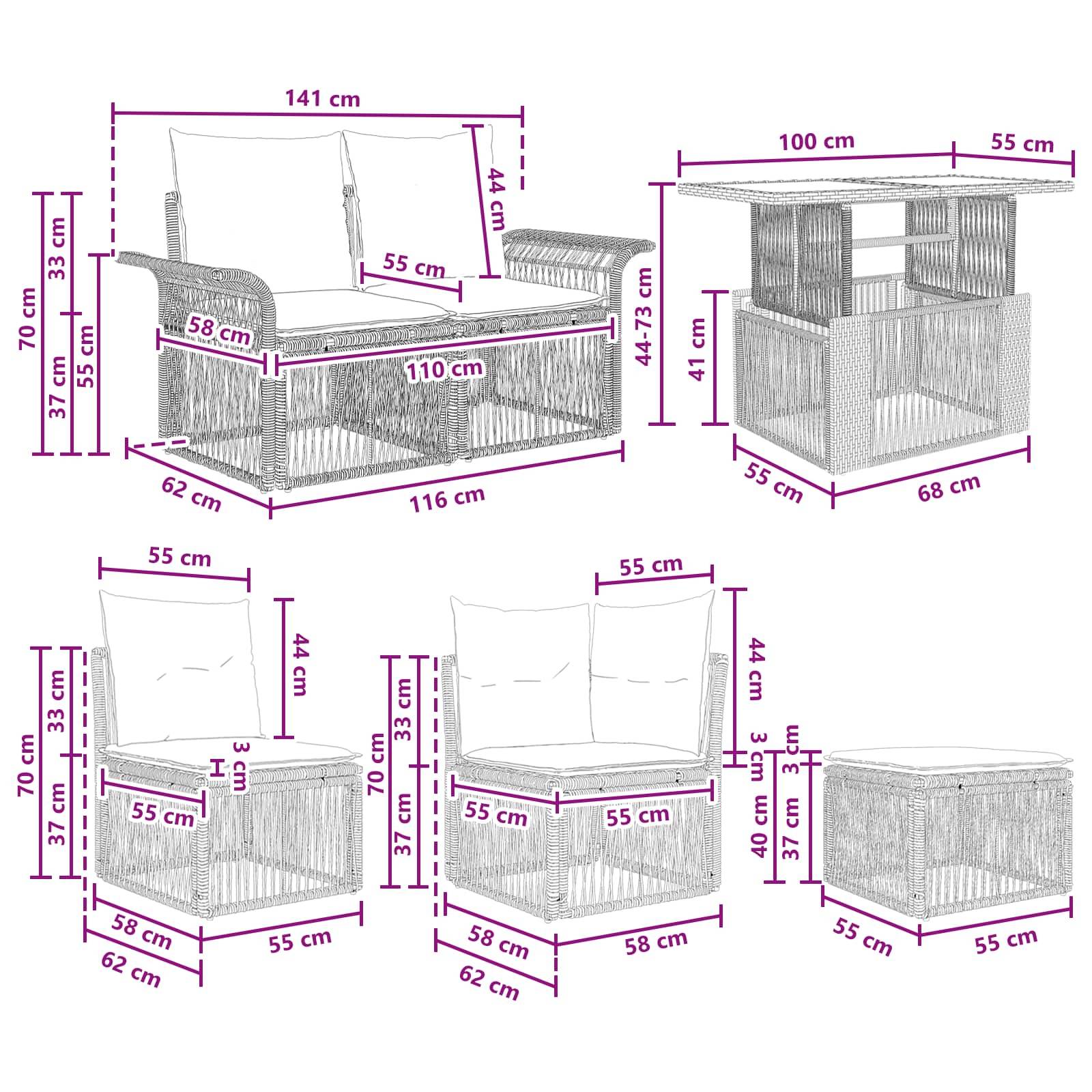 Collage von Terrassen-Rattanmöbeln mit Abmessungen, das ein Sofa, einen Beistelltisch, einen Stuhl, einen Eckplatz und eine Aufbewahrungsbox mit Maßangaben in cm zeigt.