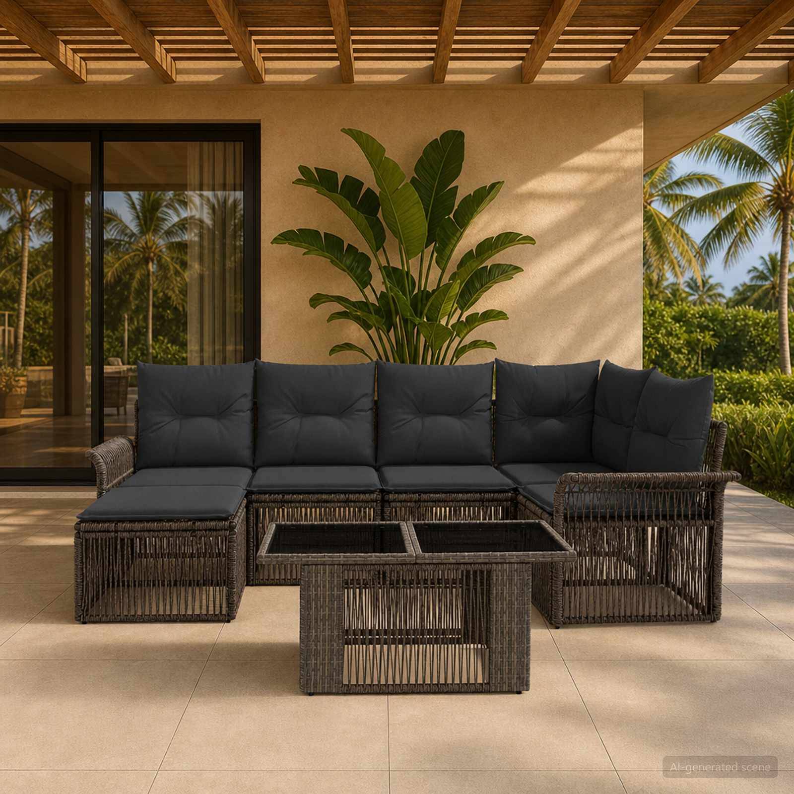 Outdoor-Sitzbereich mit dunklem Polyrattan-Ecksofa, schwarzen Kissen und passendem Couchtisch unter einer lamellenverglasten Pergola neben einem tropischen Haus