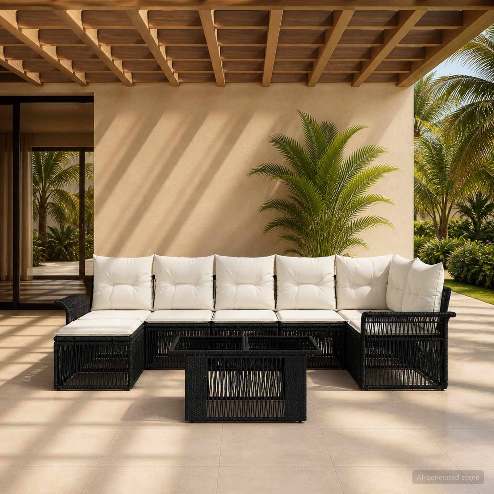 Outdoor-Terrasse mit schwarzem Polyrattan-Ecksofa, weißen Kissen und passendem Couchtisch unter einer schattigen Pergola, mit Palmen im Hintergrund.