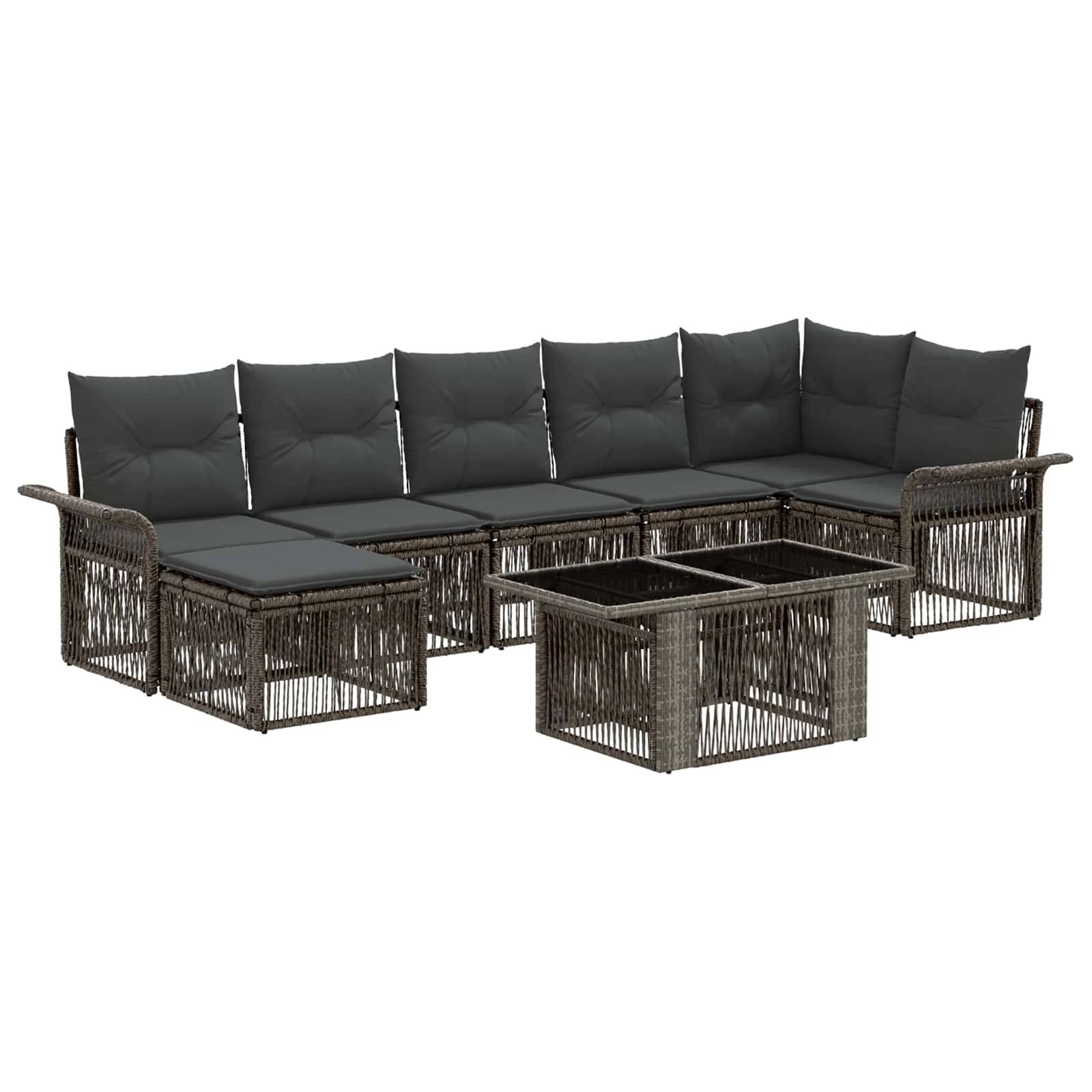 Modulares Outdoor-Rattansofa-Set mit dunklen Kissen und passenden Glastisch-Couchtischen, dargestellt auf weißem Hintergrund