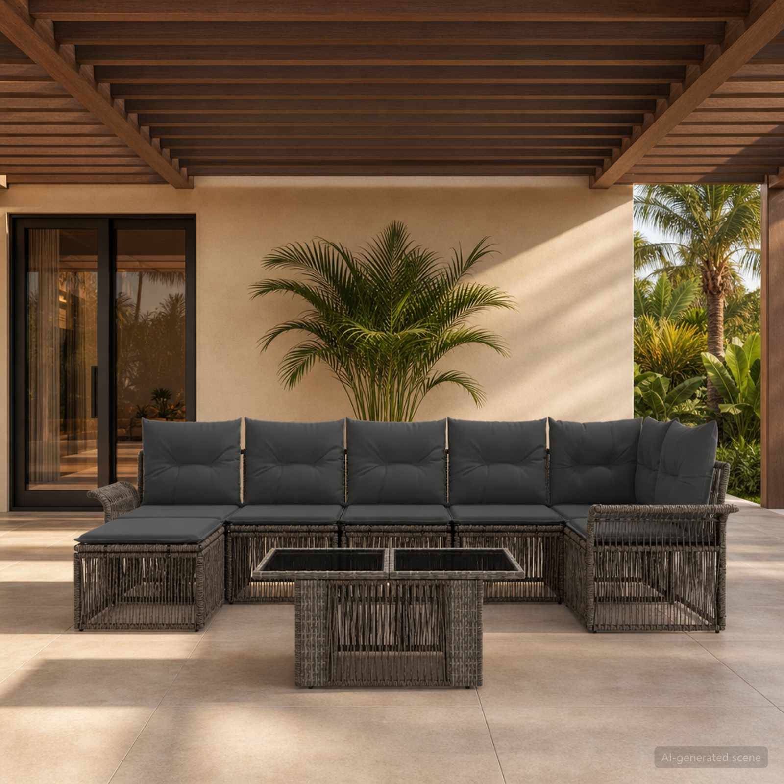 Überdachte Terrasse mit dunklem Rattan-Ecksofa, passendem Couchtisch und Topfpalme unter einer überdachten Pergola neben einem modernen Haus.