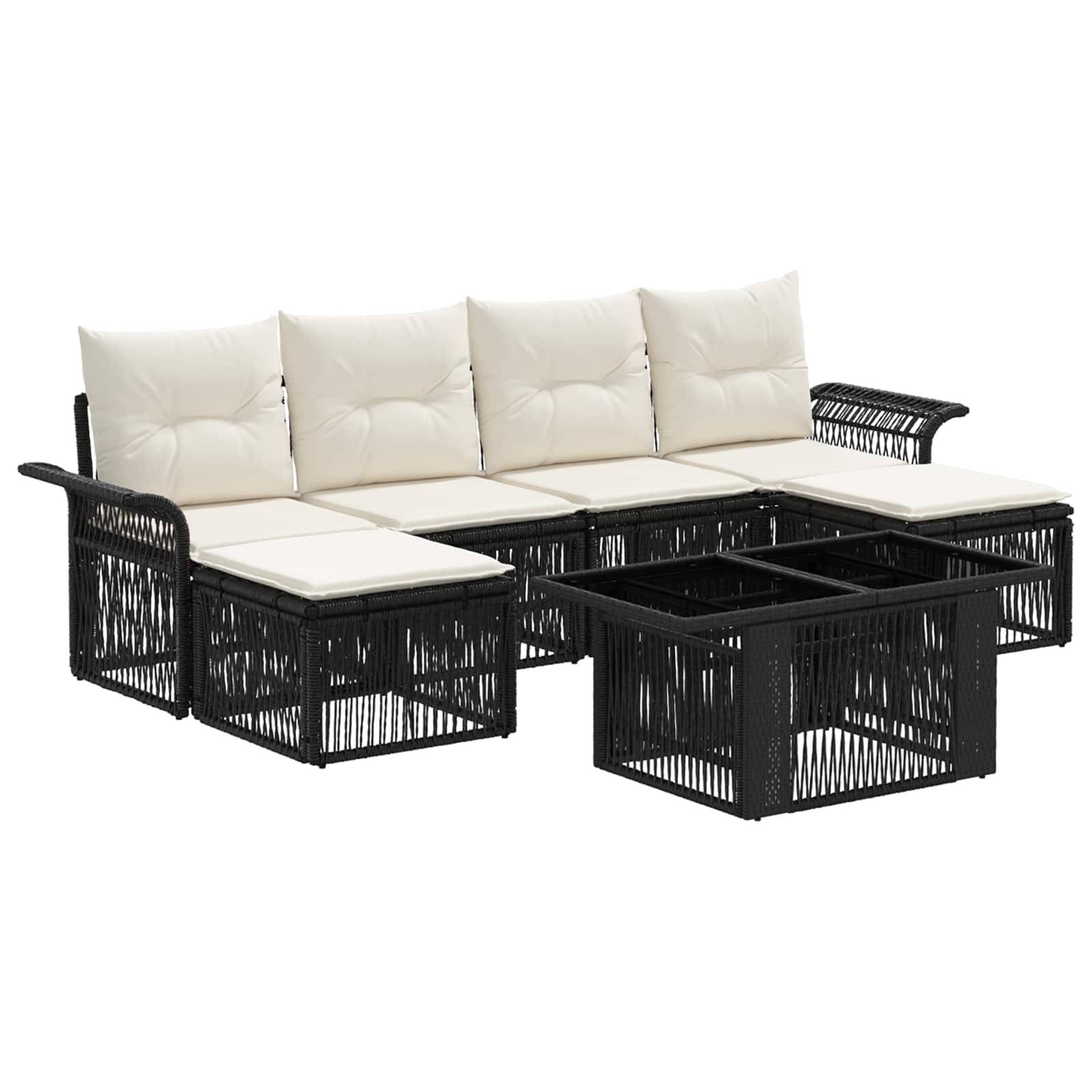 Schwarzes Rattan-Ecksofa-Set für den Außenbereich mit cremefarbenen Kissen und passenden Tisch-/Aufbewahrungsstücken auf weißem Hintergrund.