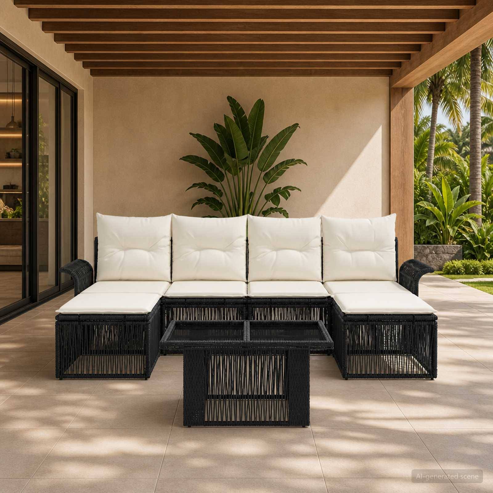 Outdoor-Terrasse mit schwarzem Rattan-Loungesessel, weißen Kissen und Glascouchtisch unter einem Holzbalken-Dach neben tropischen Pflanzen und Rasen.