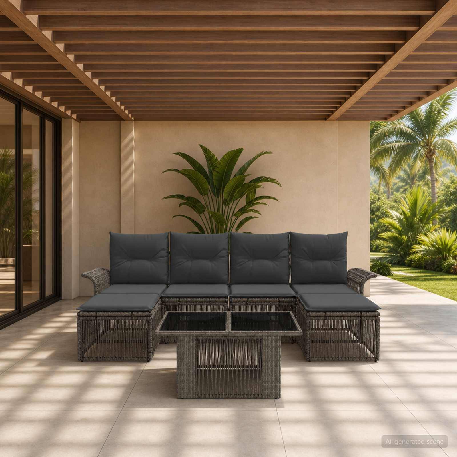 Überdachte Terrasse mit modularem Außensessel und Glastisch, dahinter ein Topfpflanze und Blick auf einen tropischen Garten.