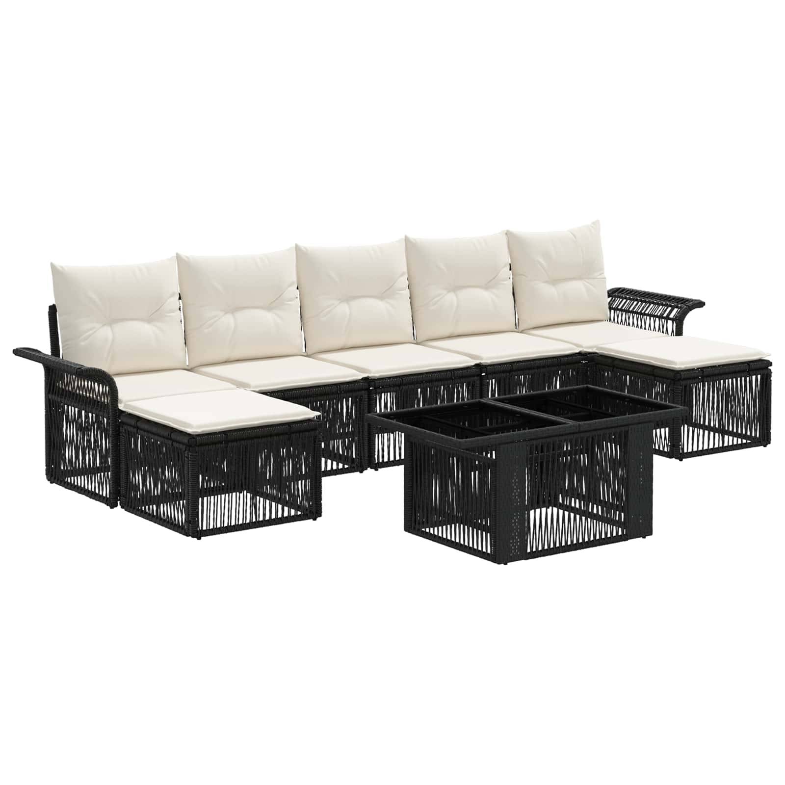 Schwarzes Geflecht-Außenlounge-Set mit cremefarbenen Kissen und passendem quadratischem Couchtisch auf weißem Hintergrund.