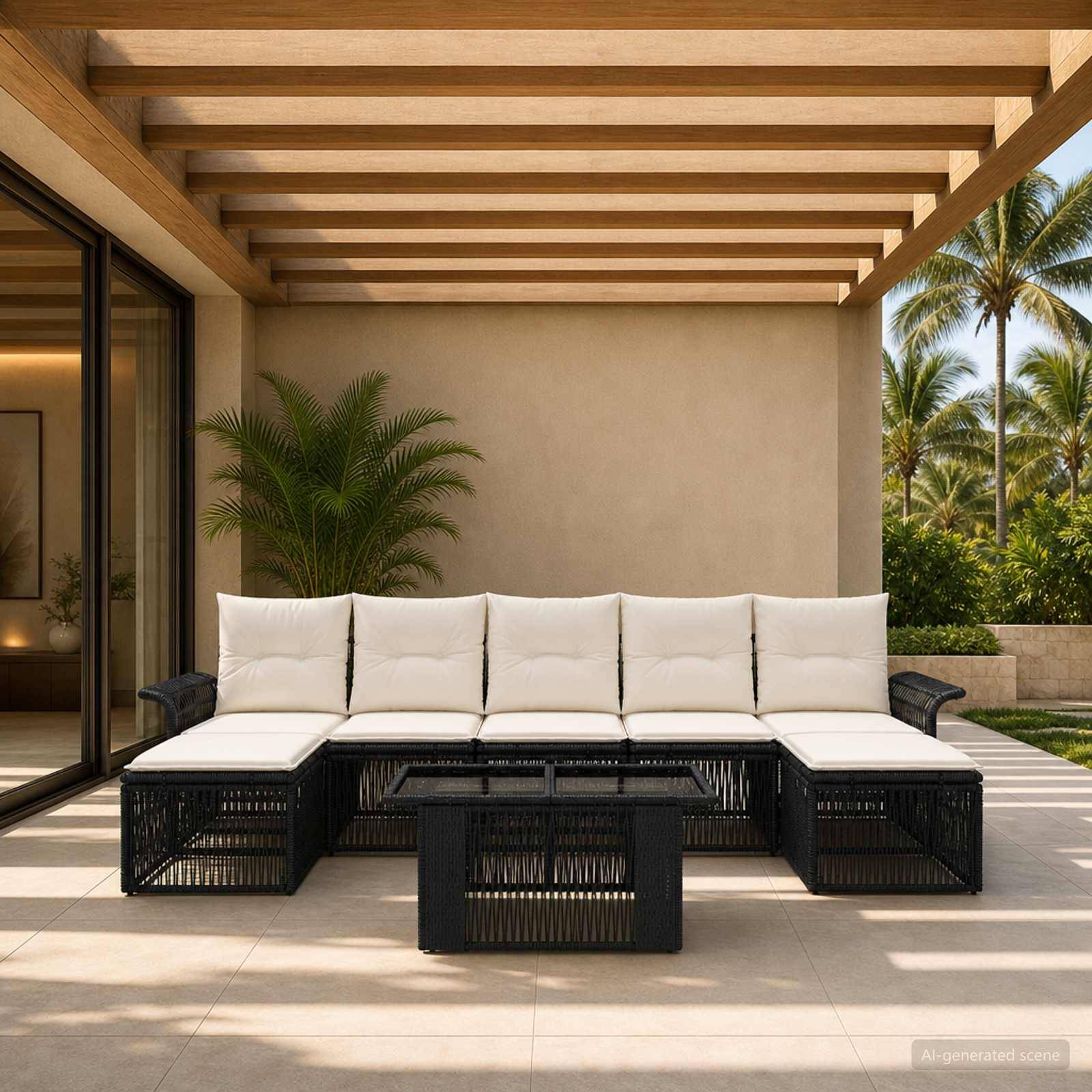 Outdoor-Sitzbereich auf einer Terrasse mit einem schwarzen Rattansektionalsofa, weißen Kissen und einer Holzpergola mit Blick auf Palmen.
