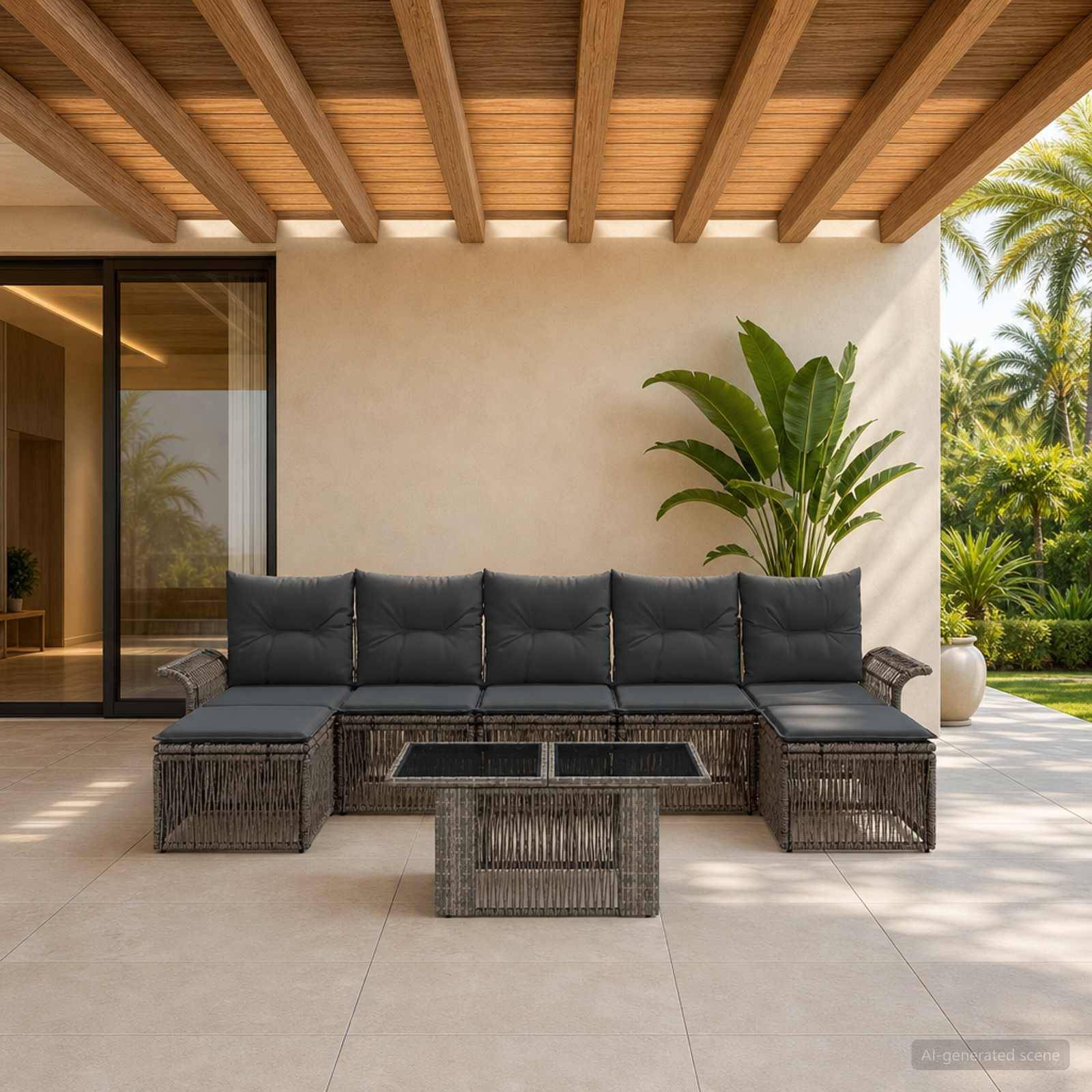 Outdoor-Terrasse mit Wickel-Ecksofa, Glaskaffeetisch und getopfter tropischer Pflanze unter einer Holzpergola neben einem modernen Haus.