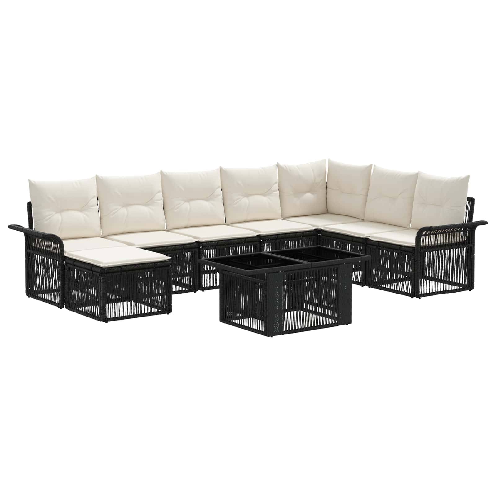 Schwarzes Polyrattan-Außenloungeset mit cremefarbenen Kissen und passendem rechteckigem Couchtisch auf weißem Hintergrund