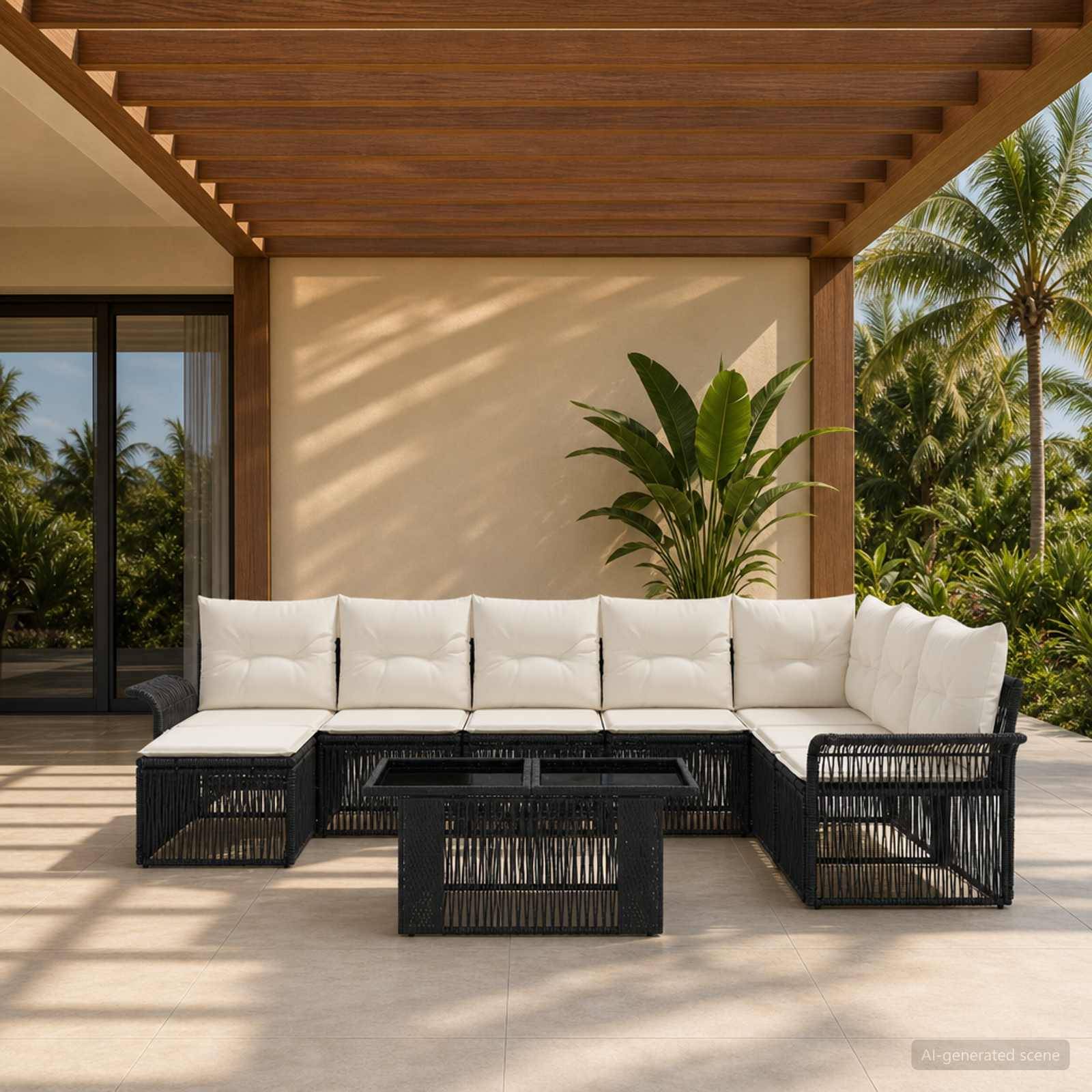 Moderner Außenbereich einer Terrasse mit weißem Ecksofa, schwarzem Couchtisch, Pergola darüber und tropischen Pflanzen im Hintergrund.