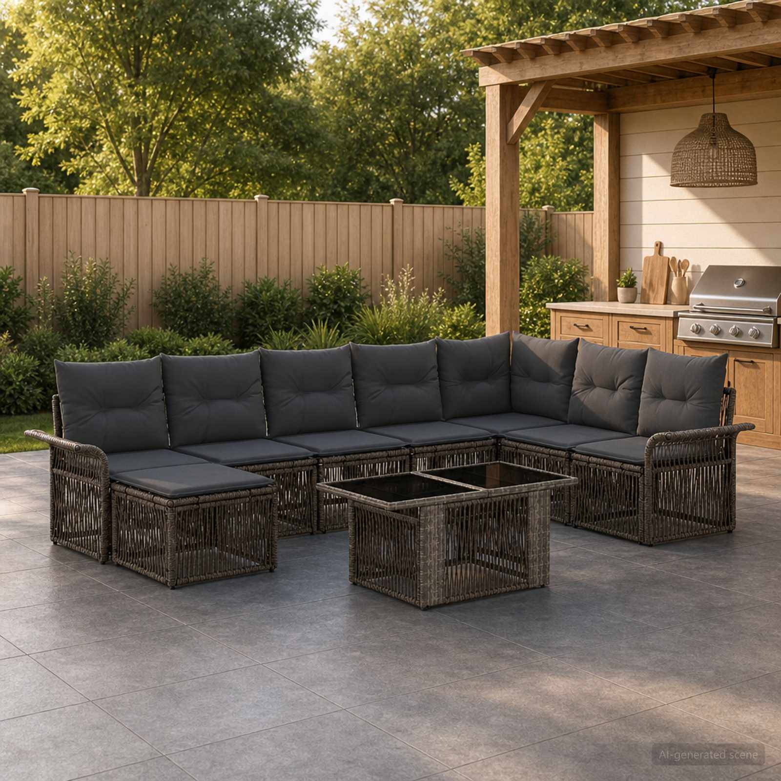 Terrassenmöbel im Freien mit dunklem Rattan-Ecksofa und passendem Couchtisch neben einer Holzpergola und Grillstation in einem eingezäunten Hinterhof.