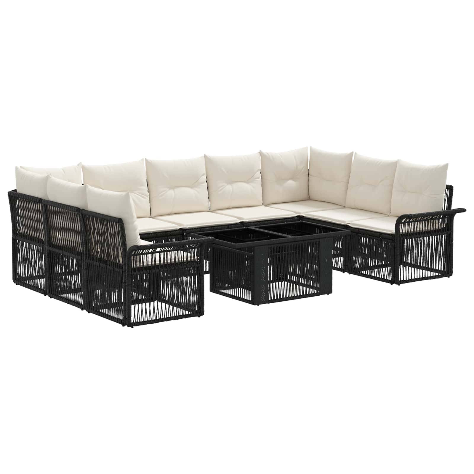Schwarzes Rattanpolster-Ecksofa im Außenbereich mit weißen Kissen und integriertem Couchtisch mit Glasplatte.