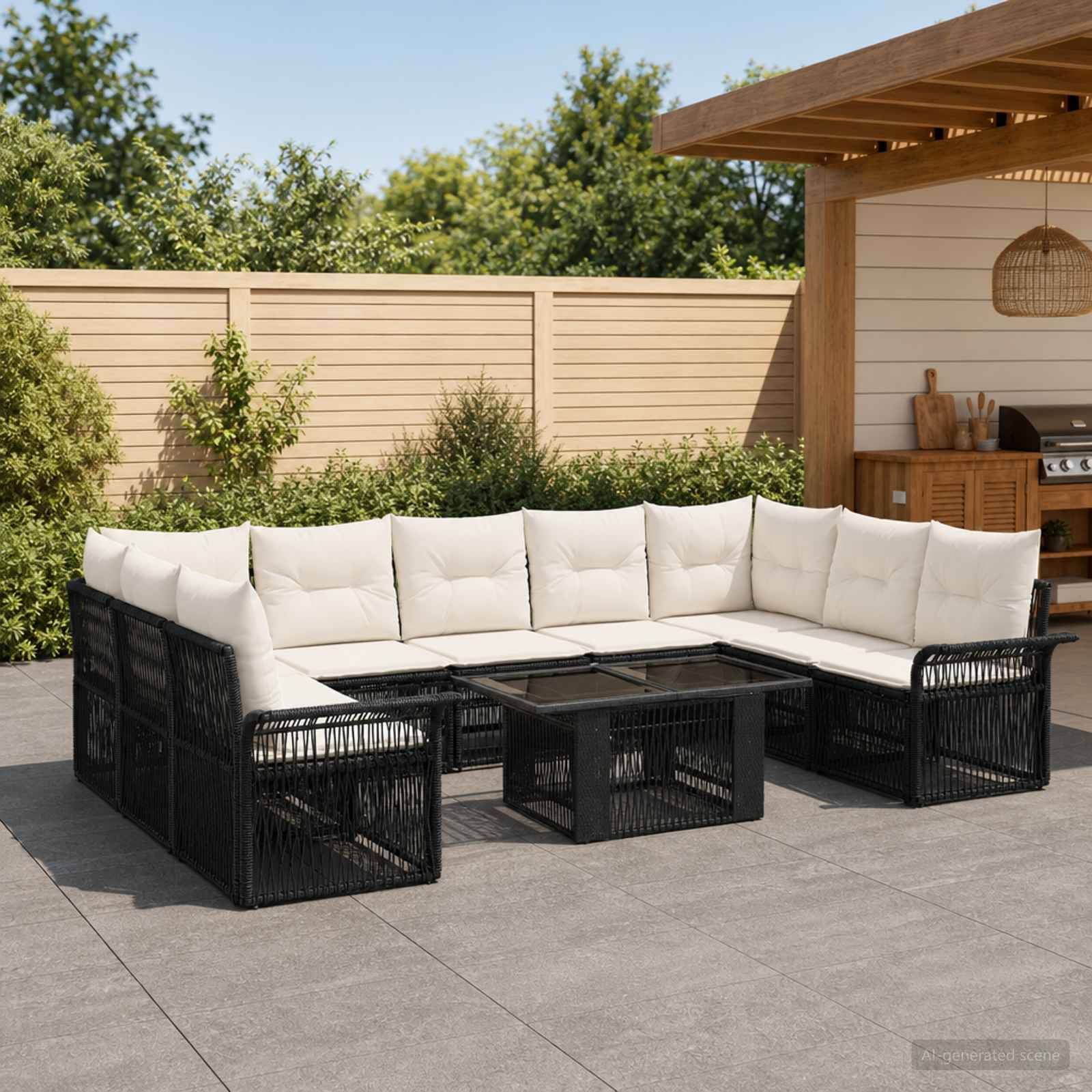 Schwarze Rattanmöbel mit L-förmiger Außenlounge mit weißen Kissen und einem passenden Couchtisch mit Glasplatte auf einer Terrasse neben einer Gartenmauer und einem Garten.