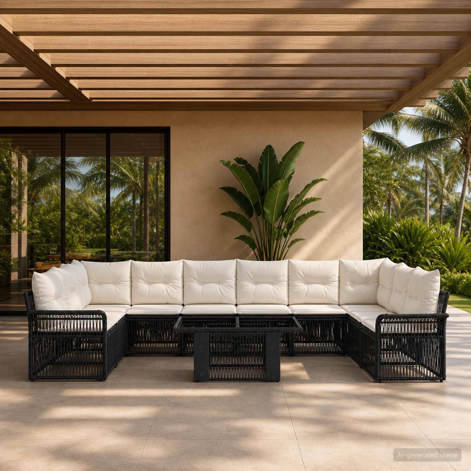 Außenterrasse mit weißem L-förmigem Ecksofa, schwarzem Couchtisch und tropischen Pflanzen unter einer schattigen Pergola.