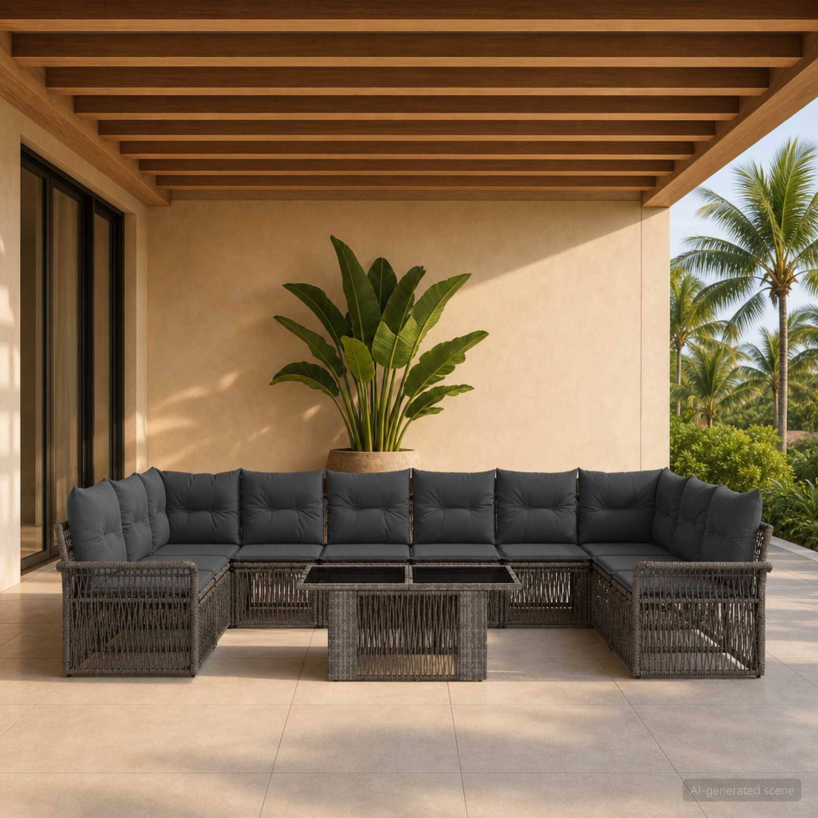 Außenpatio mit dunklem Ecksofa, geflochtenen Tischen und großer Topfpflanze unter einer Holzlamellenpergola, mit Palmen im Hintergrund.