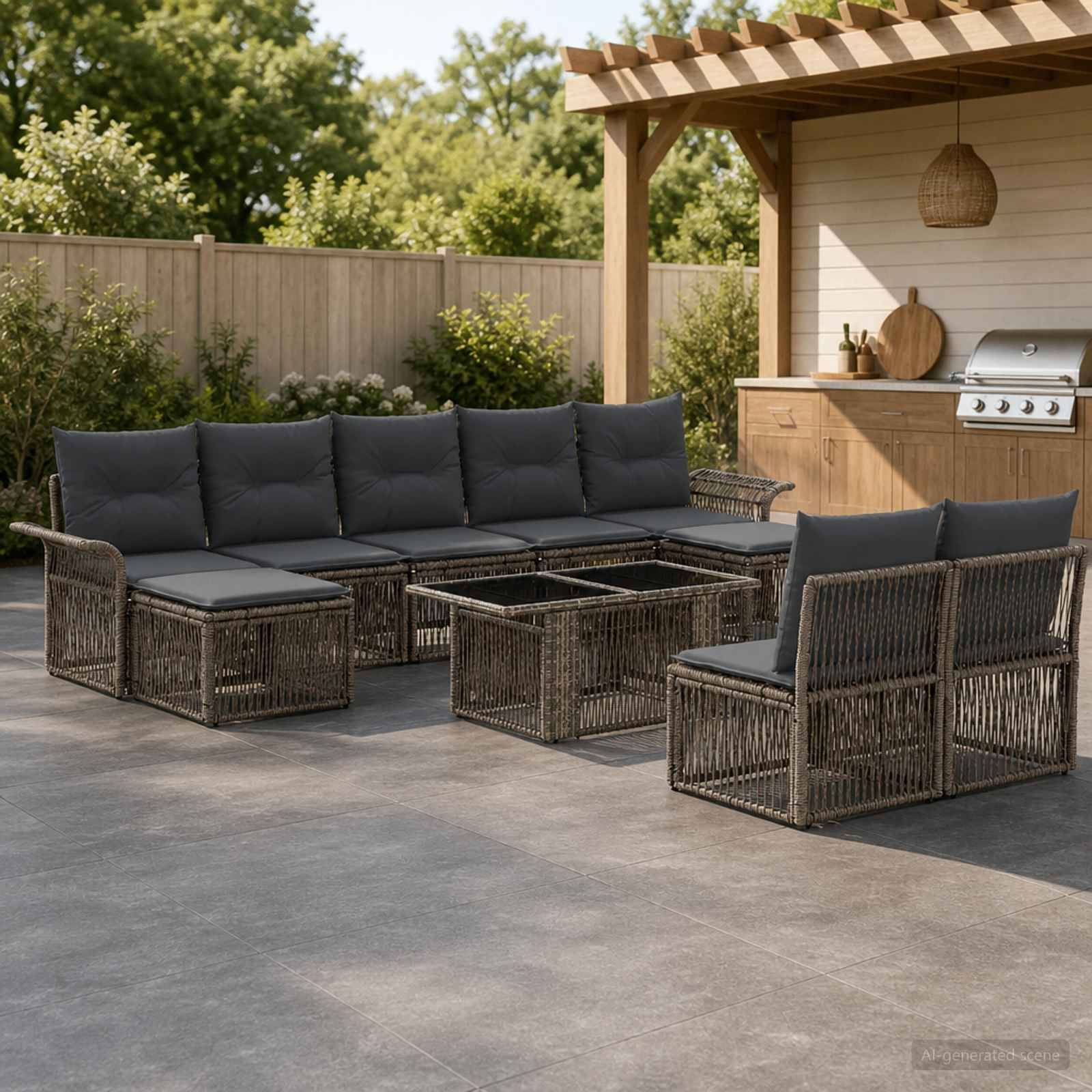 Outdoor-Terrasse mit Wickel-Eckgarnitur, zwei Couchtischen und passenden Stühlen neben einer pergola-überdachten Außenküche und einem Grill.