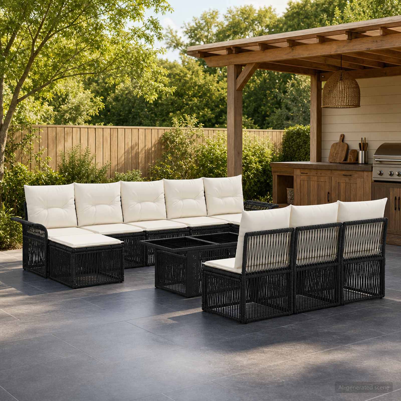 Außenbereich für die Terrasse mit schwarzen Rattanecksofa und weißen Kissen um einen zentralen Tisch neben einer überdachten Grillküche.