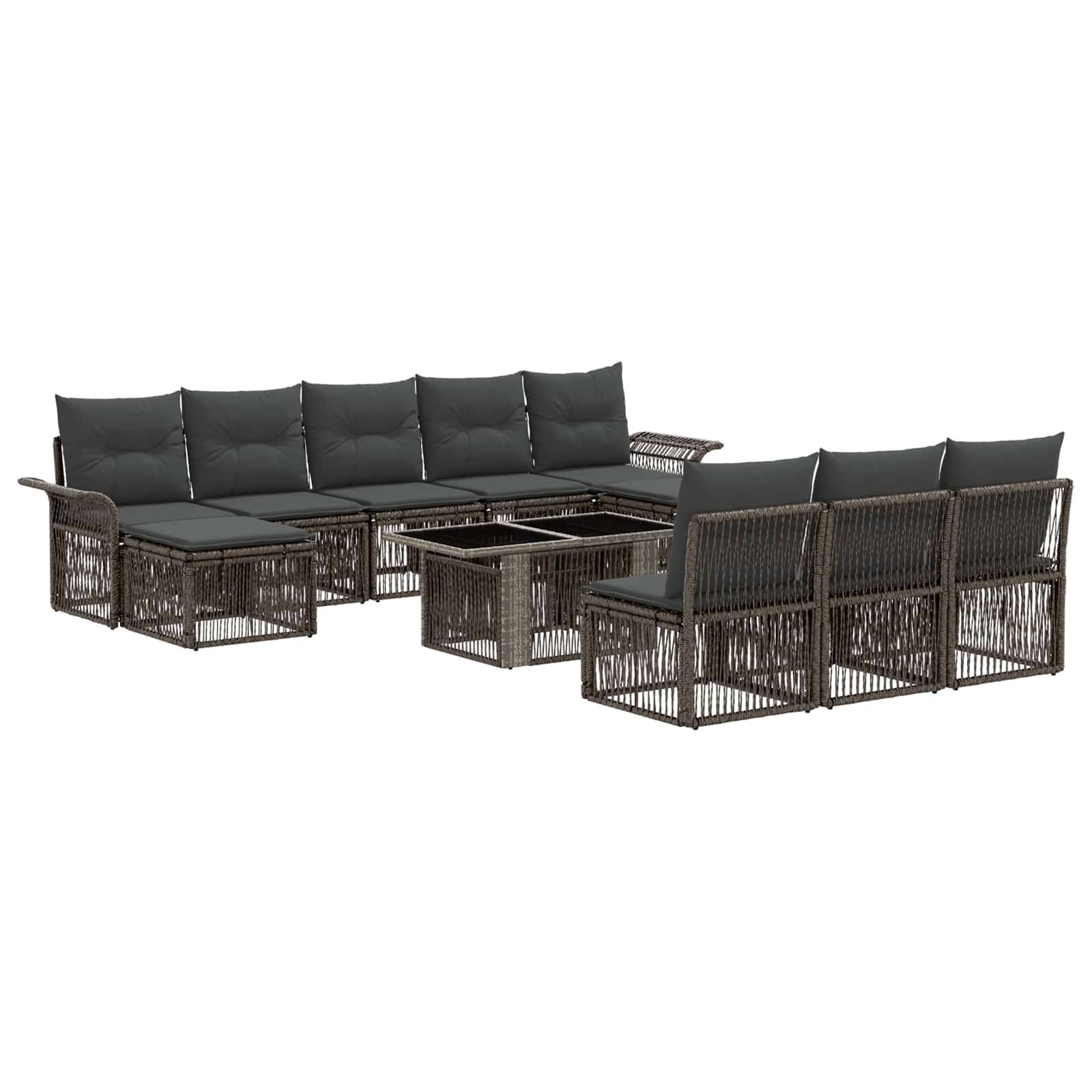 Dunkles Polyrattan-Außensektional-Sofaset mit schwarzen Kissen und passendem Couchtisch auf weißem Hintergrund.